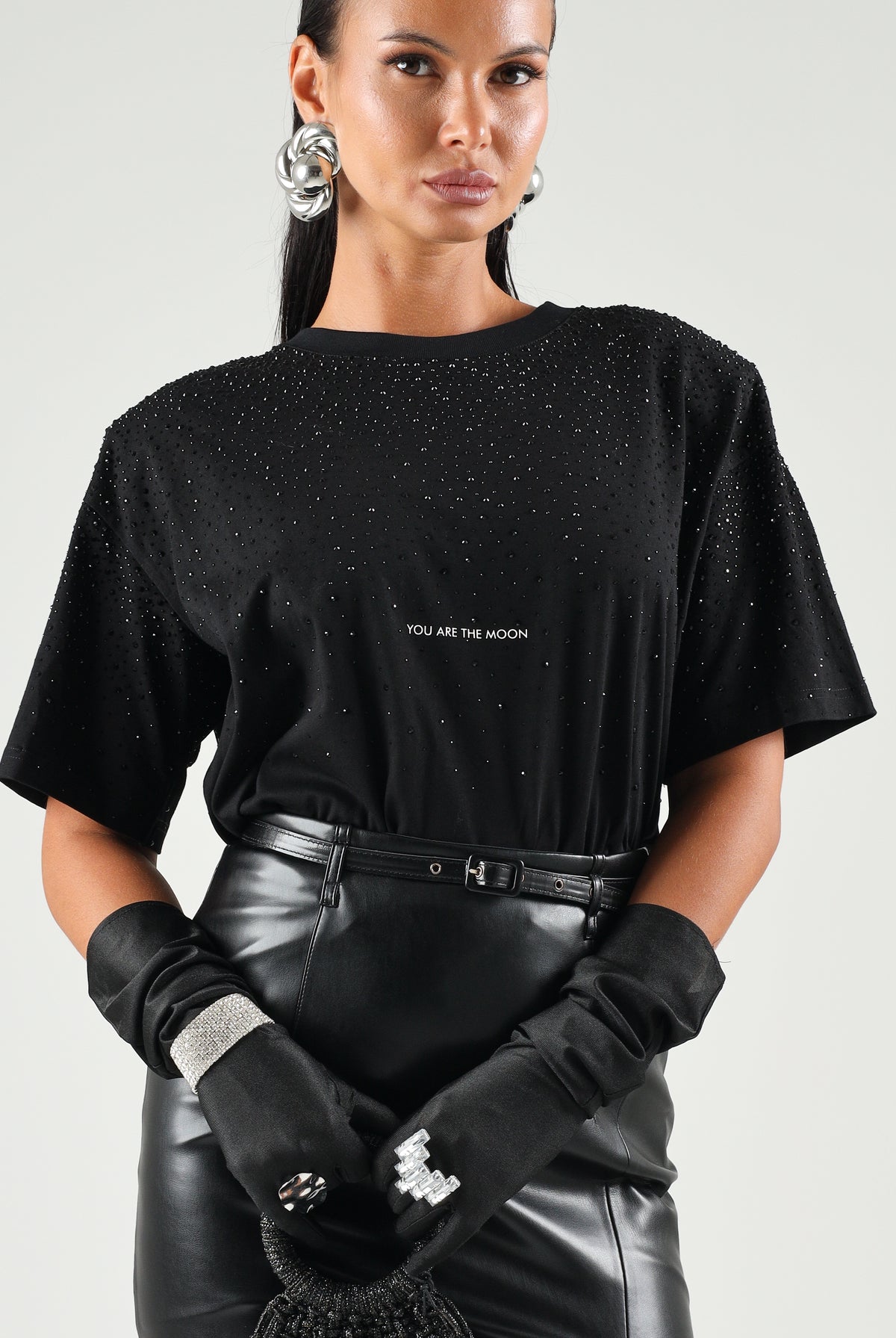 TWENTY FOURHAITCH T-shirt manica corta BE SHADOW nera per donna con dettagli strass in rilievo A0221NER62A . TWENTY FOURHAITCH