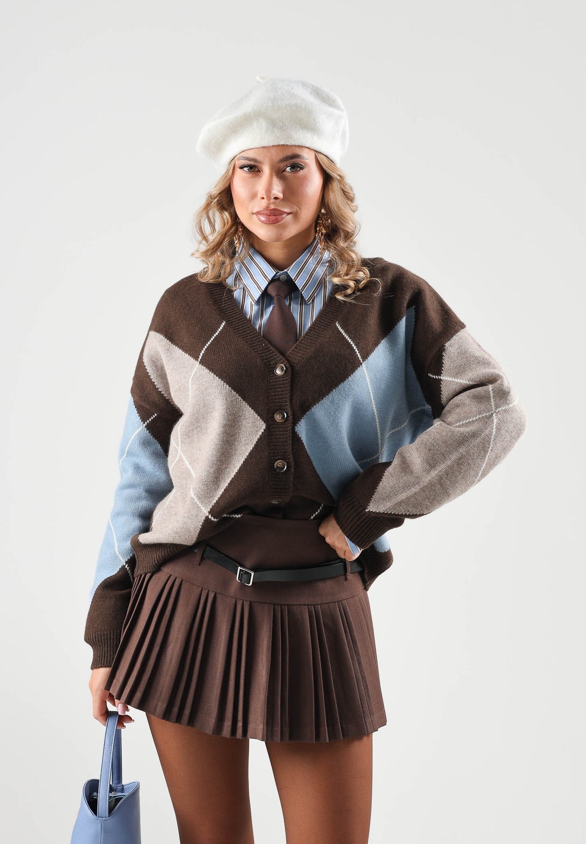 VICOLO Cardigan corto ARGYLE marrone e carta da zucchero da donna con fantasia a rombi 7AC7057 ACFMO VICOLO