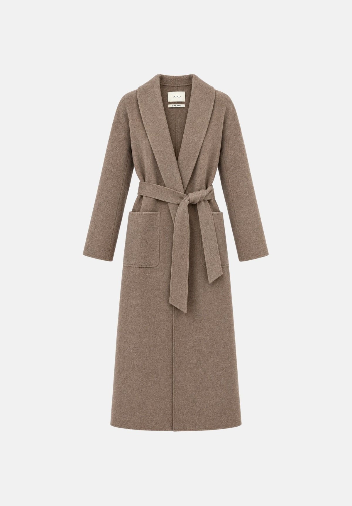 VICOLO Cappotto lungo con cintura Tortora Mel tortora melangiato da donna in misto lana, con ampio collo a revers sciallato, maniche lunghe, chiusura a portafoglio con cintura coordinata da annodare in vita, tasche laterali e linea elegante e avvolge TAC0004 ACU114 VICOLO