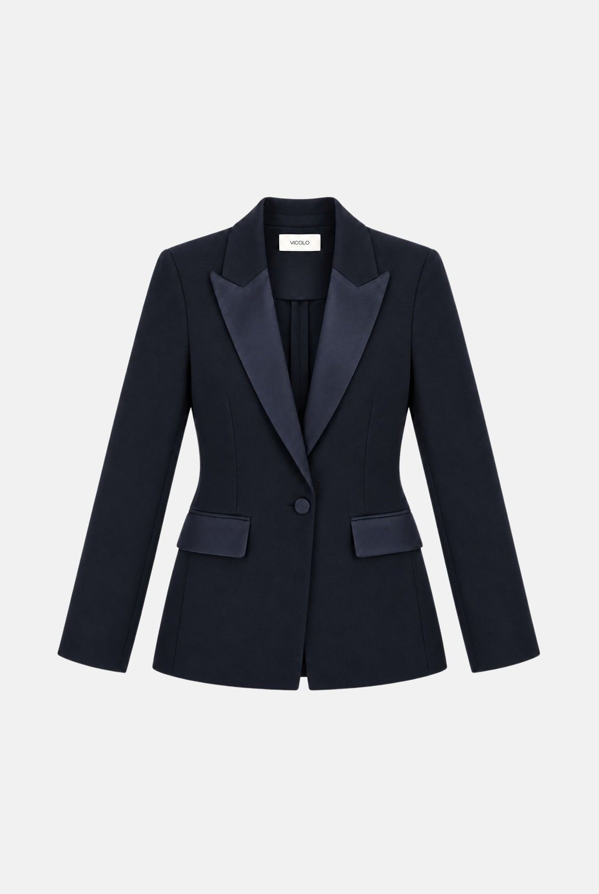 VICOLO Giacca monopetto in raso blu per donna con chiusura a un bottone e tasche con patta a contrasto. TAC0406 A89 VICOLO