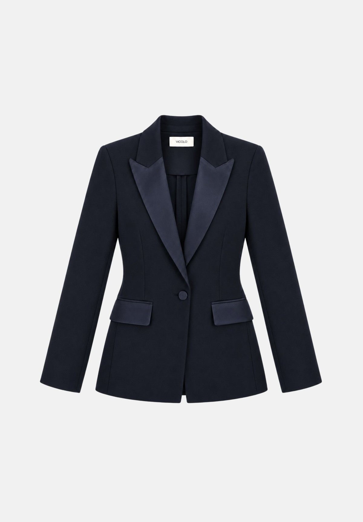 VICOLO Giacca monopetto in raso blu per donna con chiusura a un bottone e tasche con patta a contrasto. TAC0406 A89 VICOLO