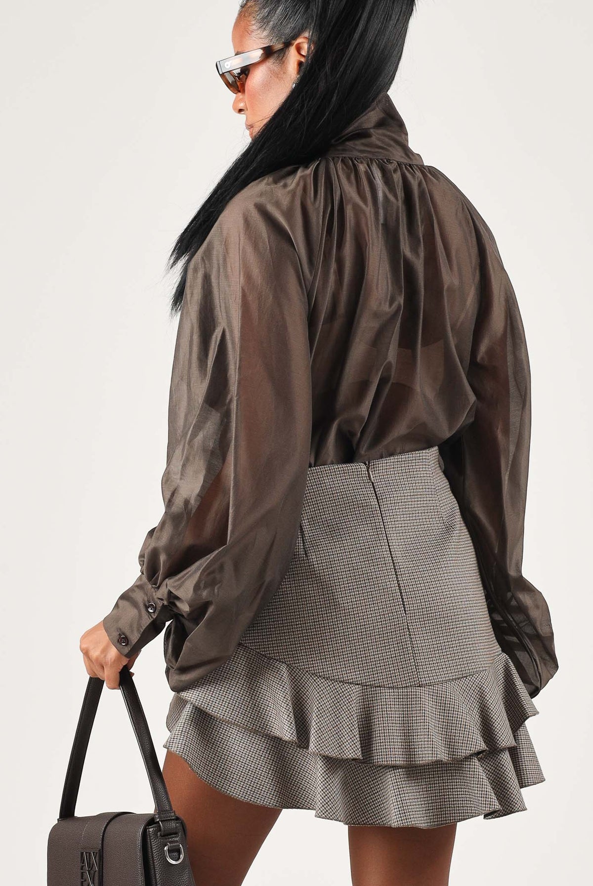 VICOLO Blusa moro marrone da donna con nodo drappeggiato e maniche a palloncino TAC0429 ACU68 VICOLO