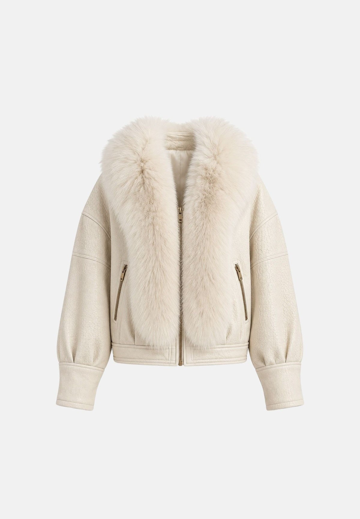 YES LONDON Giubbotto corto bianco crema da donna in vera nappa, con pelliccia di volpe naturale, zip e interno con stampa gioiello.<BR/> NP2001VO PA YES LONDON