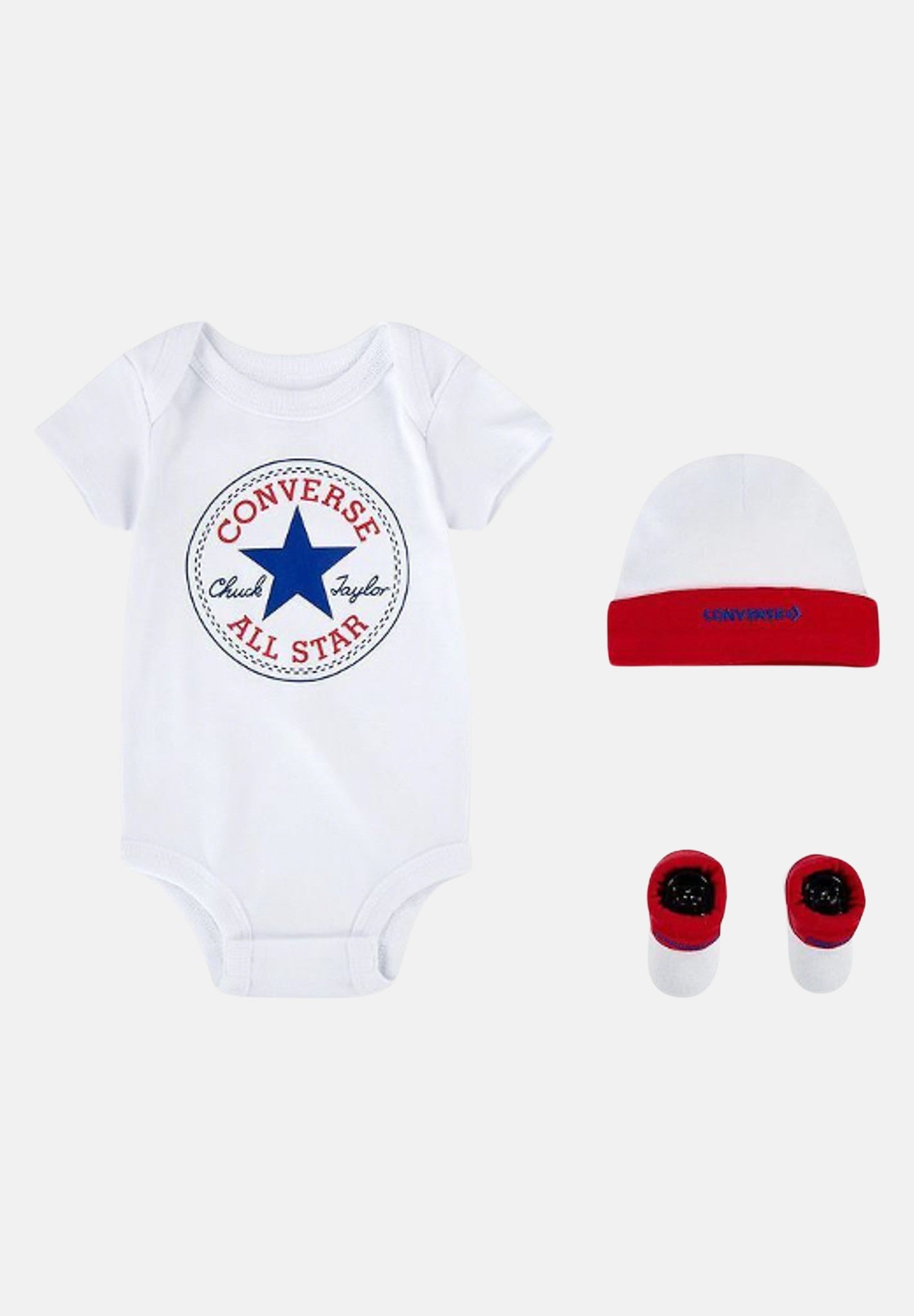 Set neonato bianco blu rosso, composto da cappellino body e calzini LC0028R4F CONVERSE