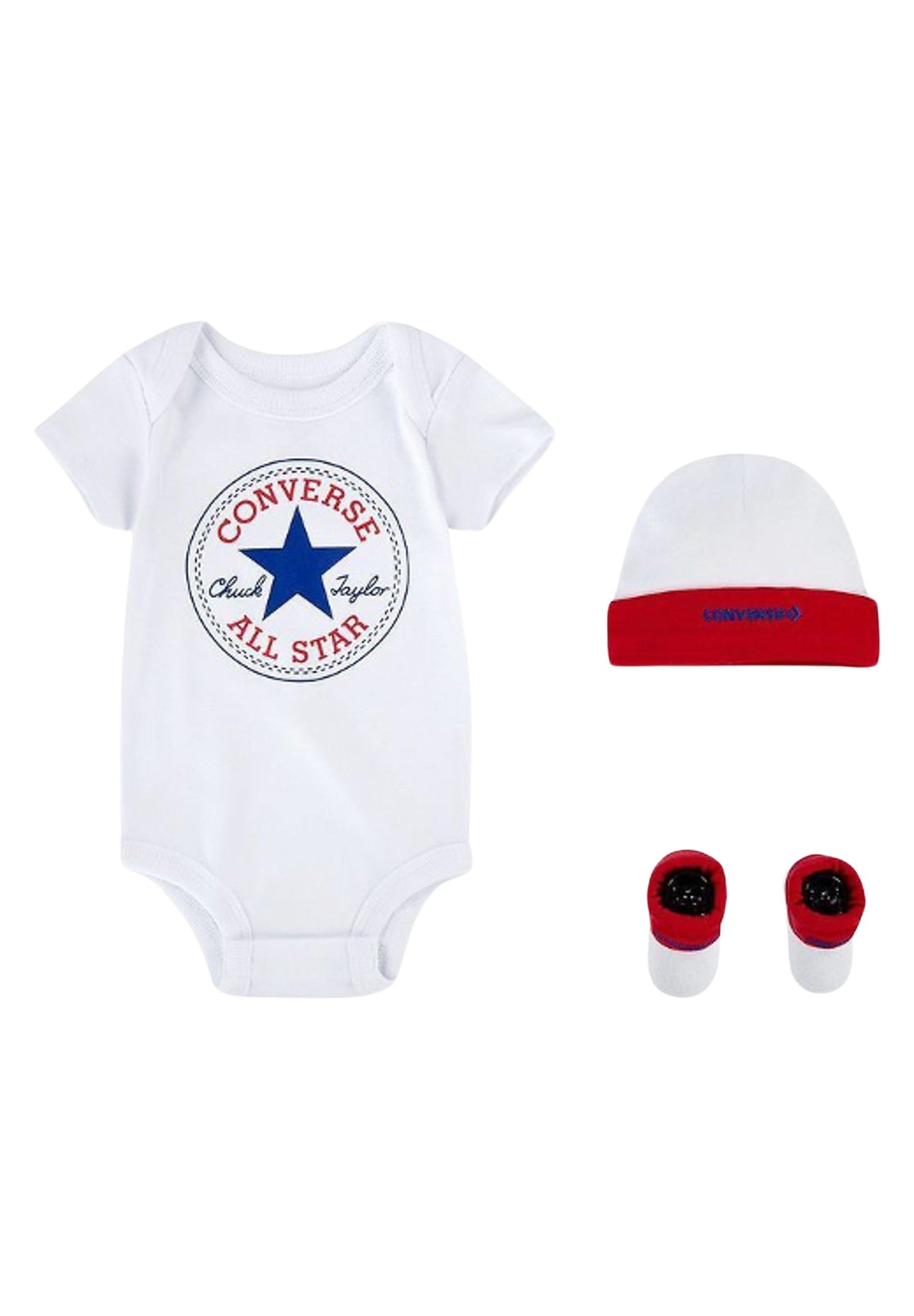 Set neonato bianco blu rosso, composto da cappellino body e calzini LC0028R4F CONVERSE