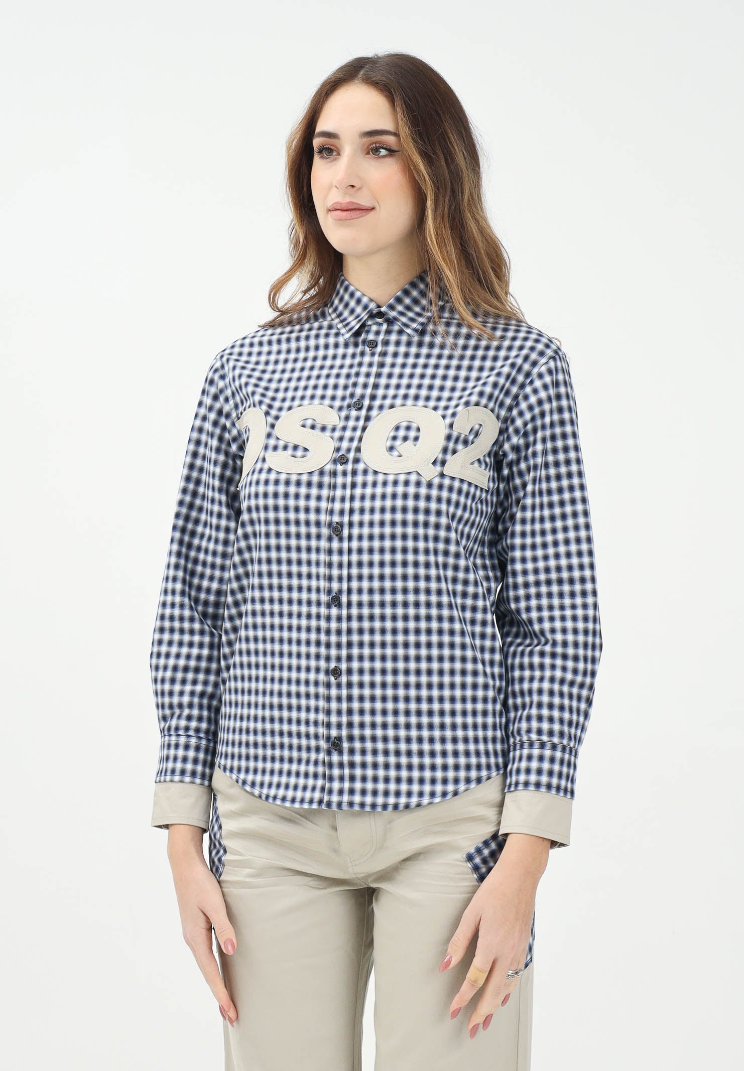 Camicia a manica lunga a quadretti blu e bianchi per donna, ragazzi e bambini con ricamo logo DQ2724D0ABP DQ870 DSQUARED2
