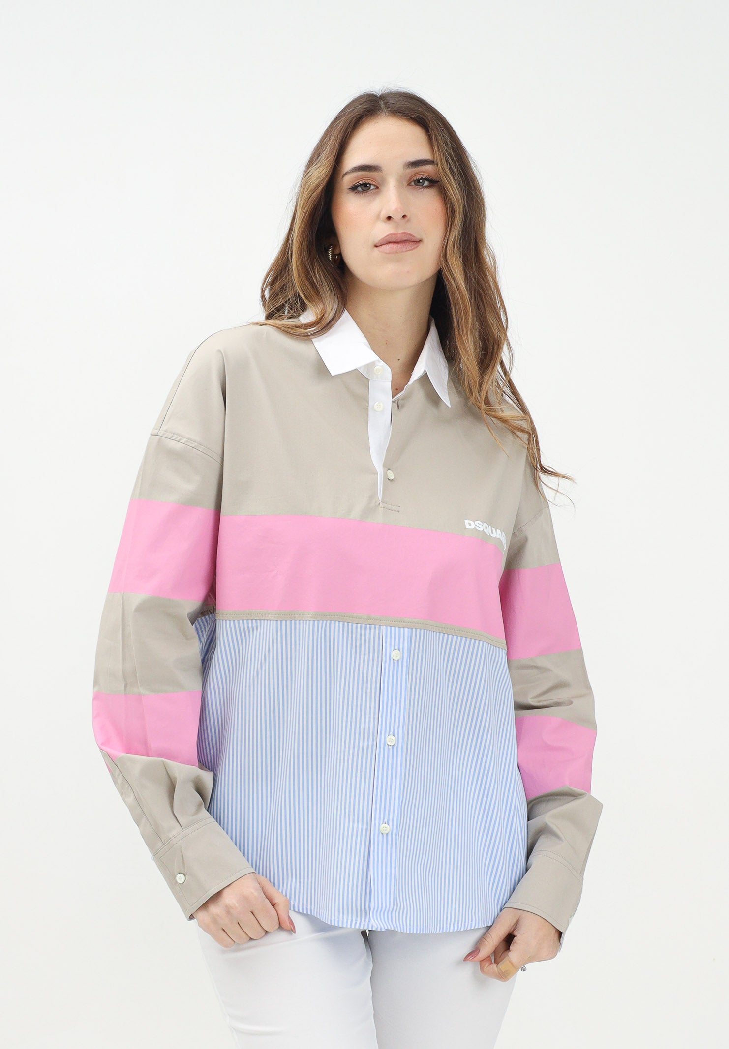 DSQUARED2 Camicia a manica lunga beige per donna e bambina con stampa logo e inserti a contrasto DQ2772D0AC3 DQC14 DSQUARED2