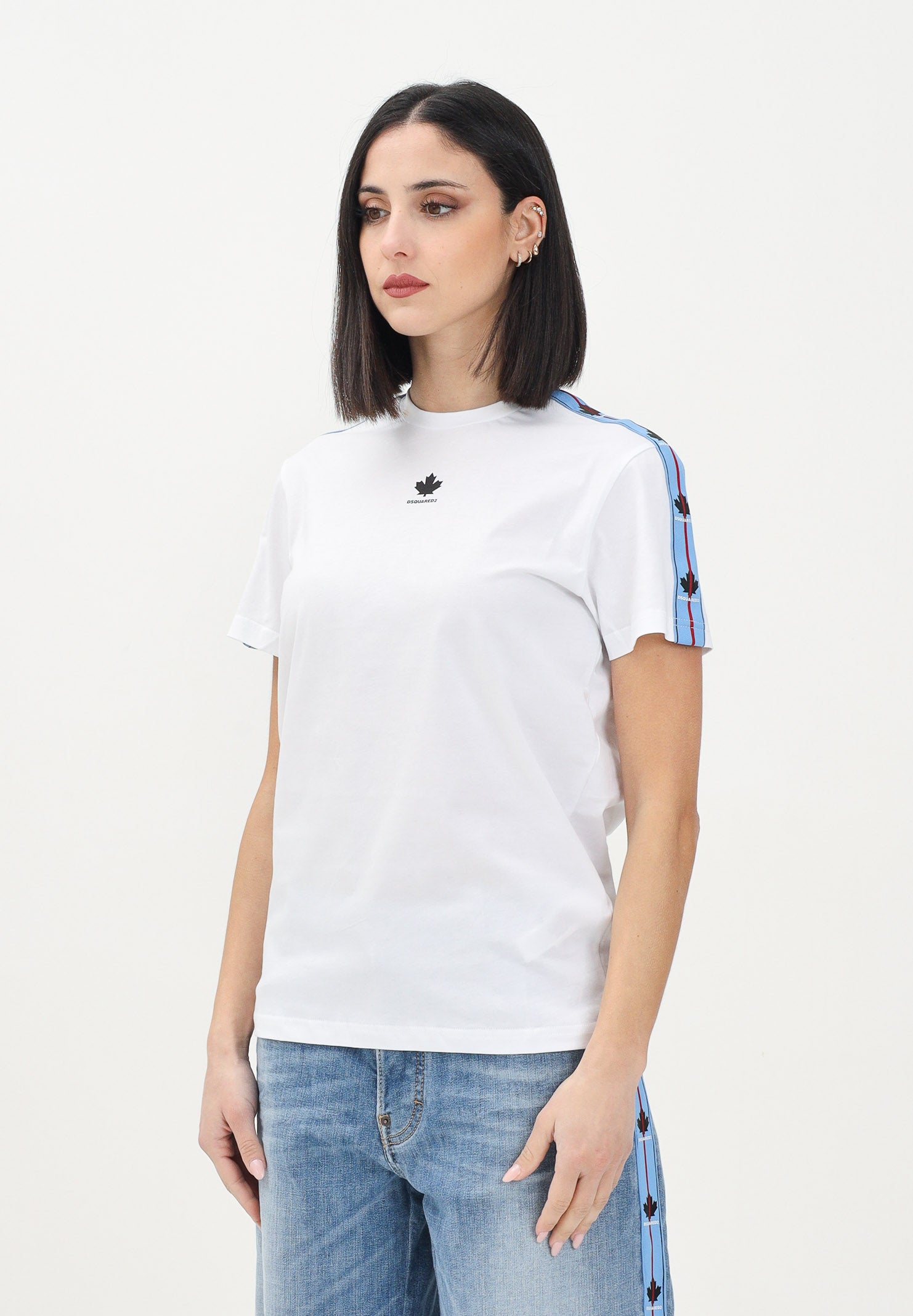 DSQUARED2 T-shirt a manica corta bianca per donna, ragazzi e bambini con stampa foglia d'acero DQ2898D0A47 DQ100 DSQUARED2
