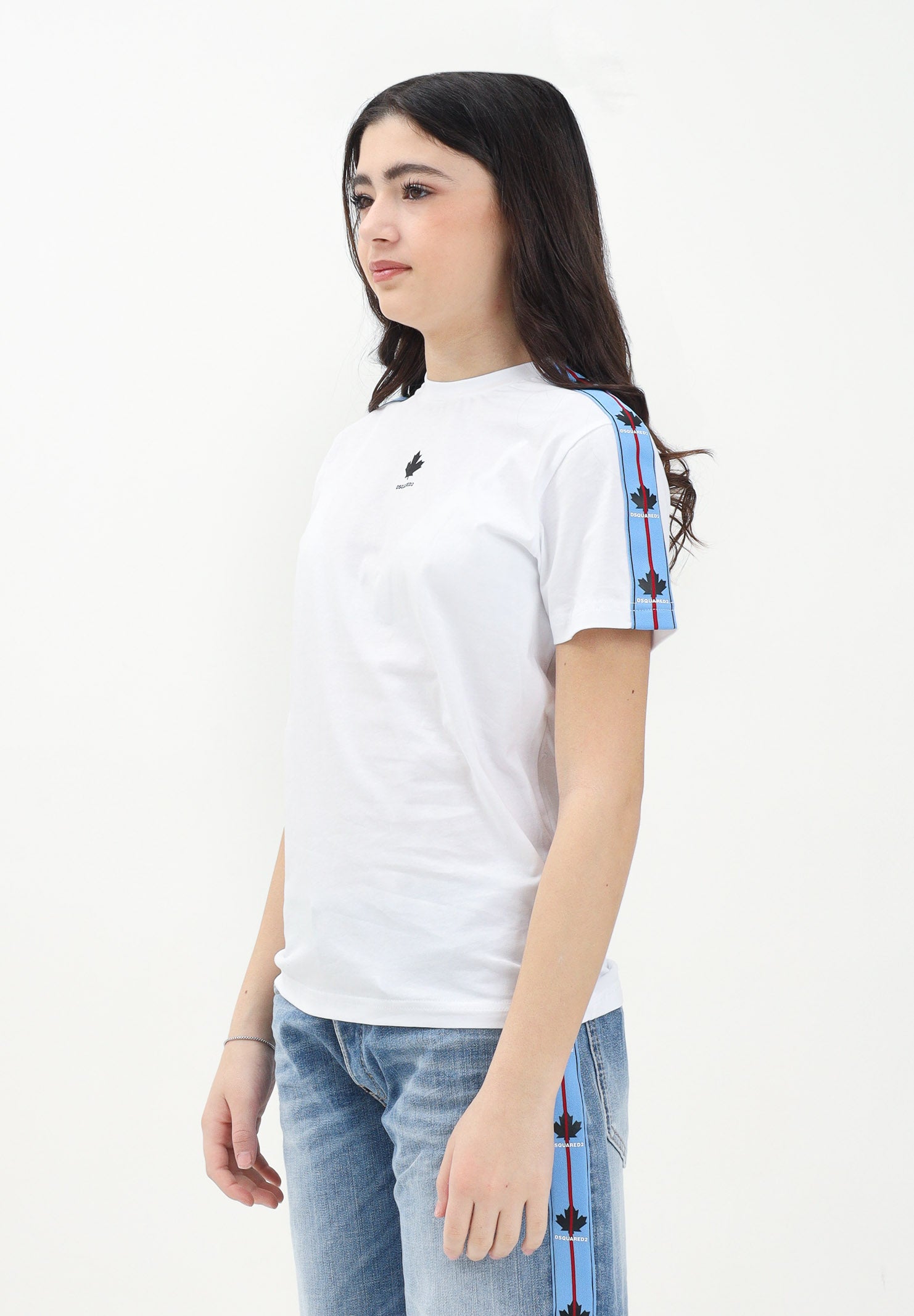 DSQUARED2 T-shirt a manica corta bianca per donna, ragazzi e bambini con stampa foglia d'acero DQ2898D0A47 DQ100 DSQUARED2