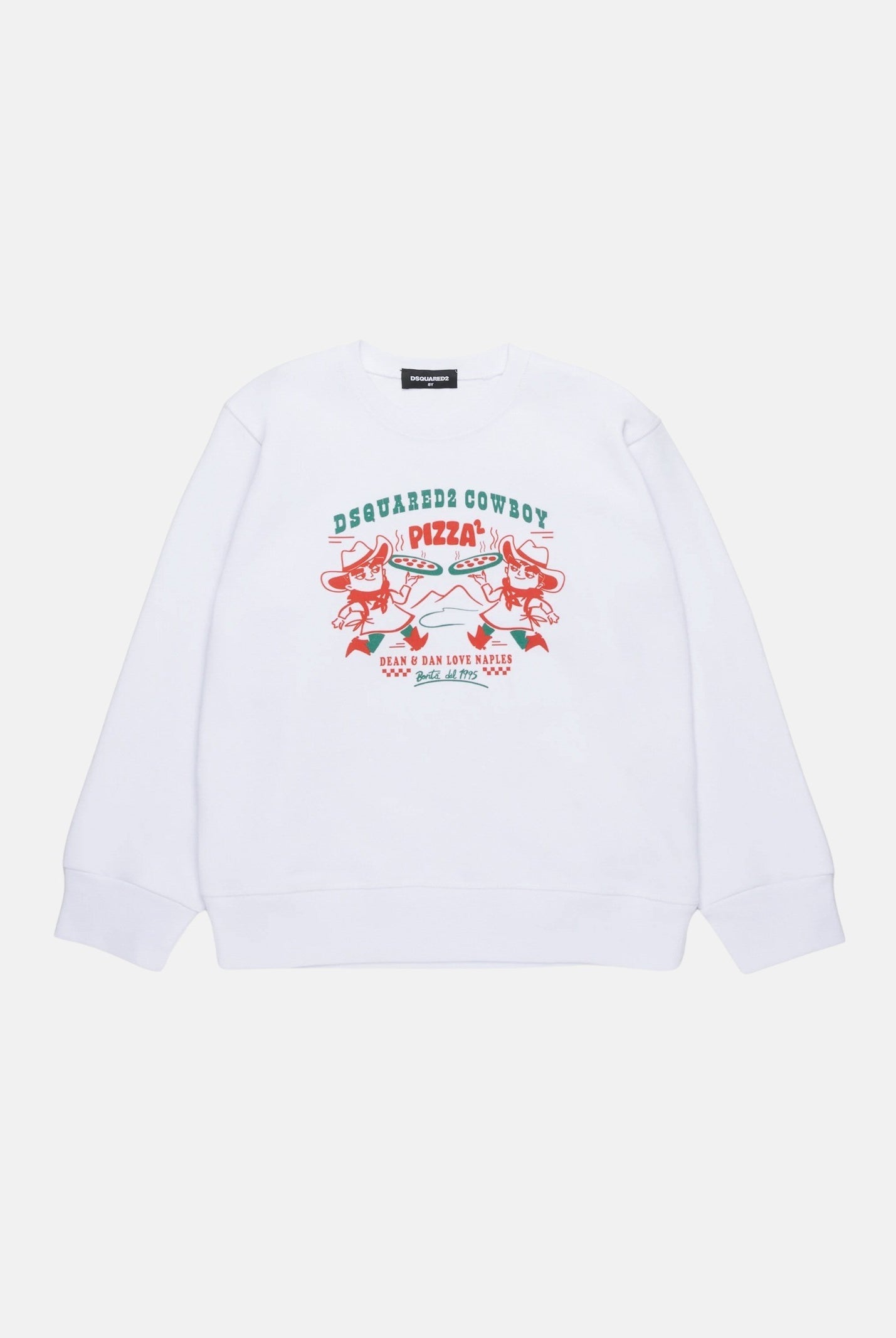 Felpa girocollo bianca per bambino e bambina con grafica Cowboy Pizza DQ2977D0094-B DQ100 DSQUARED2