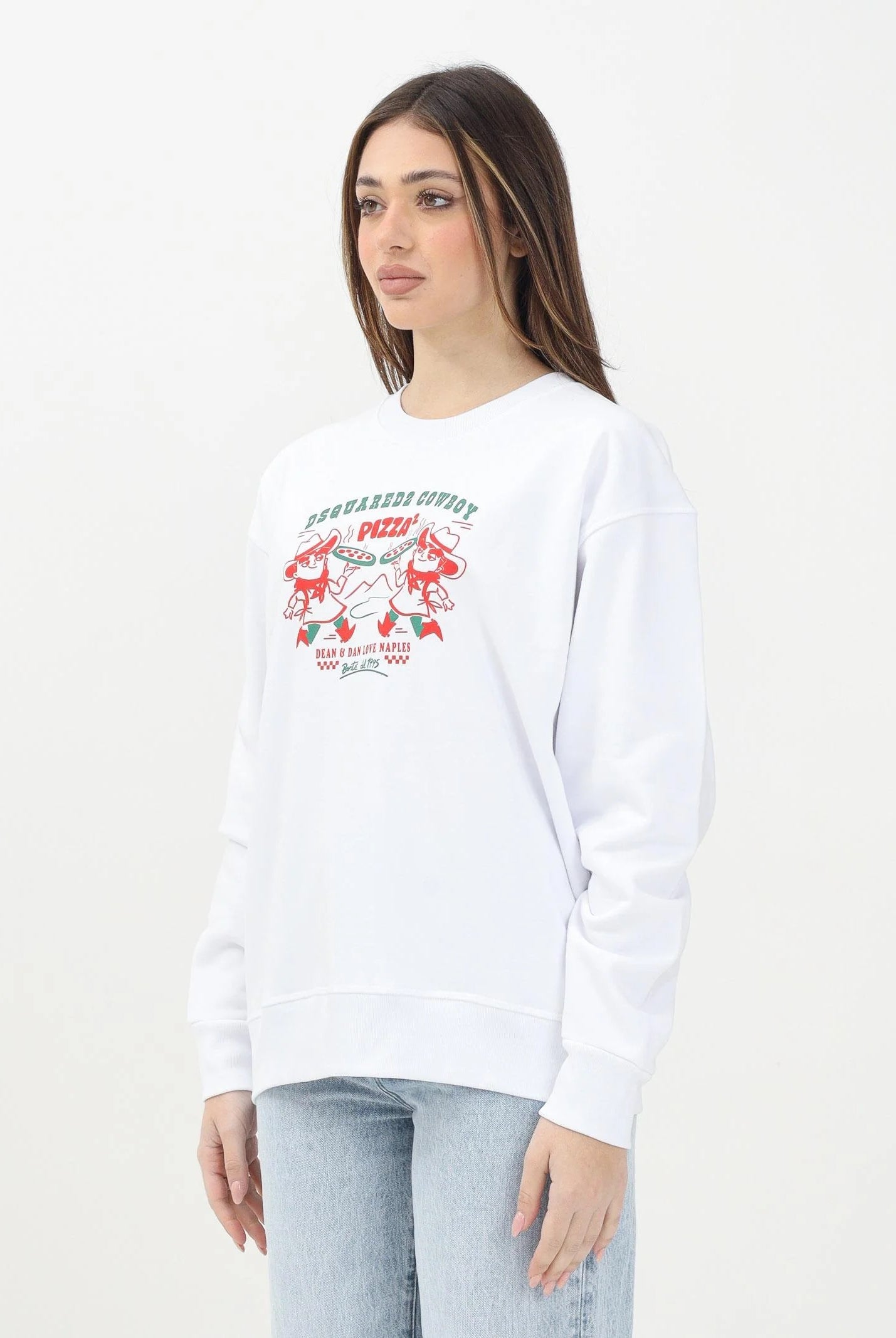 DSQUARED2 Felpa girocollo bianca per donna, ragazzi e bambini con grafica Cowboy Pizza DQ2977D0094 DQ100 DSQUARED2