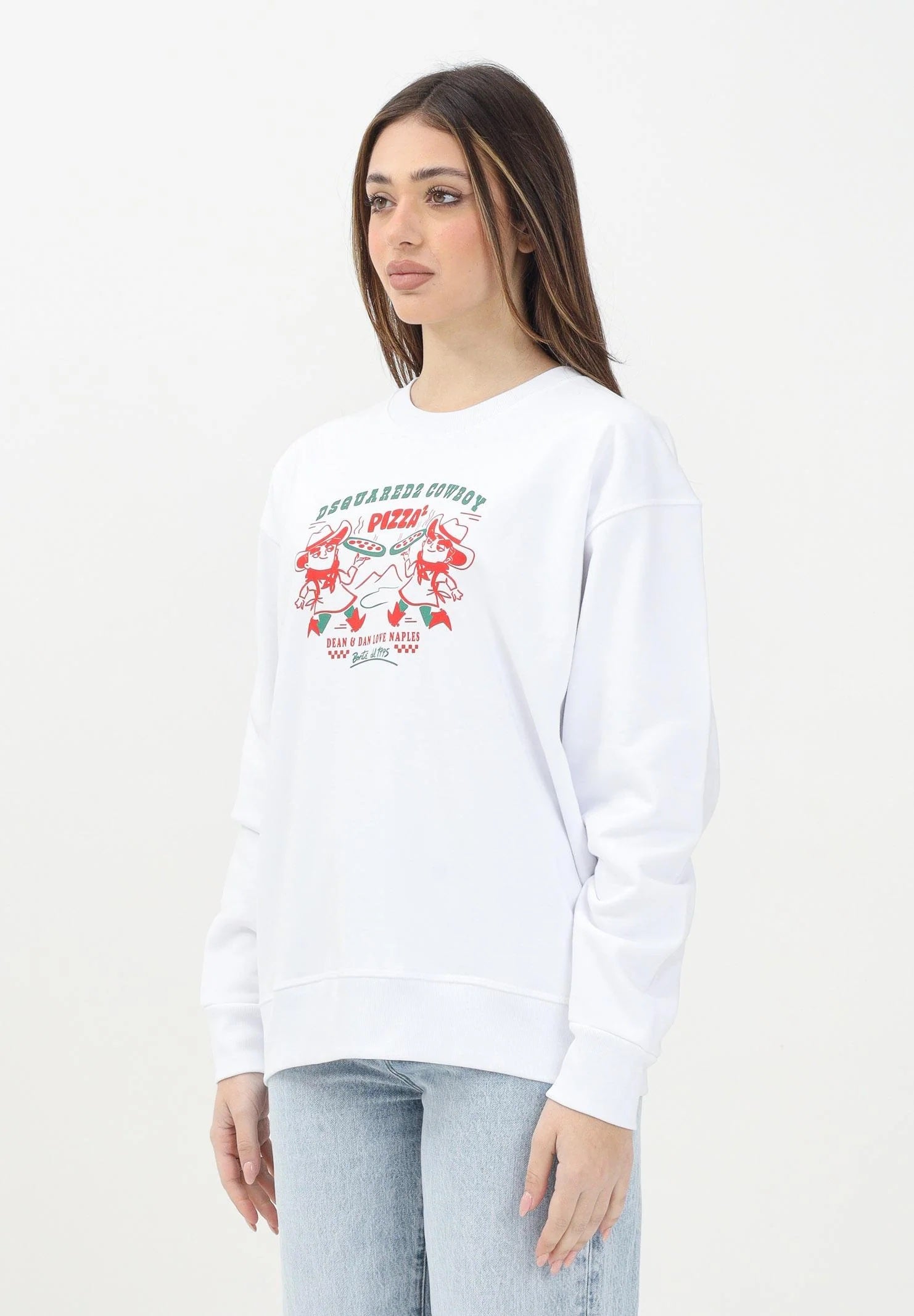 DSQUARED2 Felpa girocollo bianca per donna, ragazzi e bambini con grafica Cowboy Pizza DQ2977D0094 DQ100 DSQUARED2