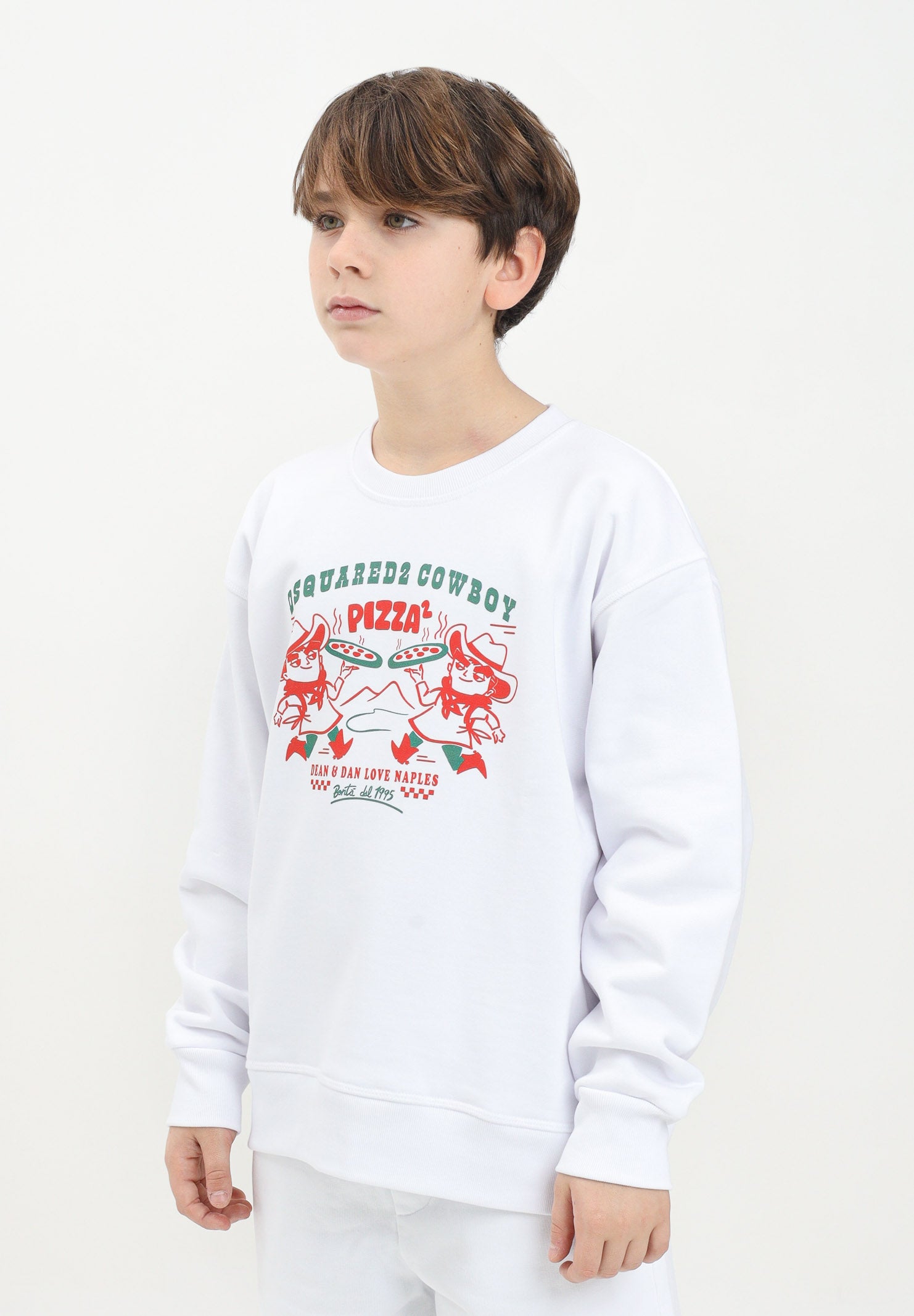 DSQUARED2 Felpa girocollo bianca per donna, ragazzi e bambini con grafica Cowboy Pizza DQ2977D0094 DQ100 DSQUARED2