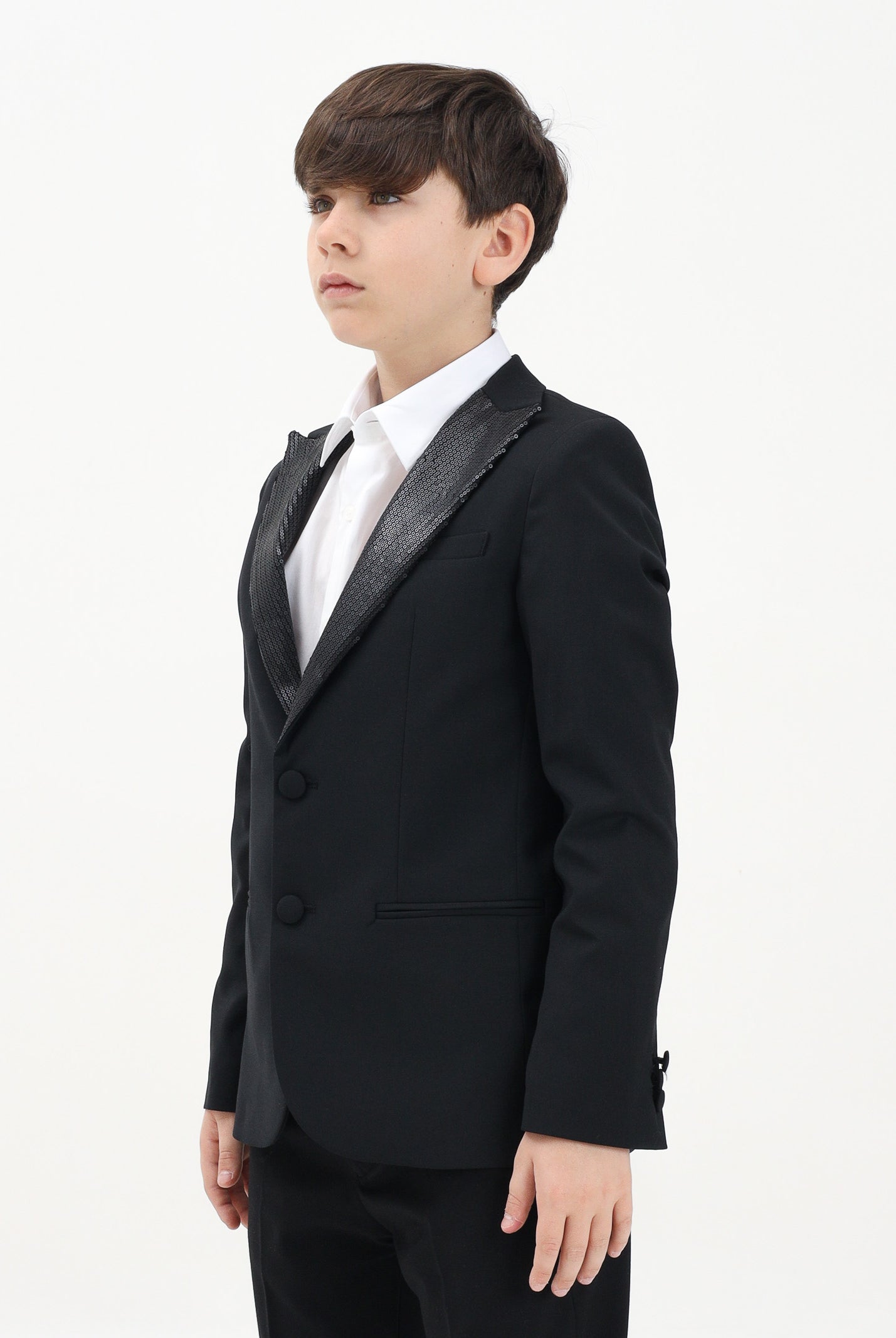 I'M BRIAN Giacca monopetto nera da bambino con rever a lancia rivestito da paillettes GIA3225J 009 I'M BRIAN