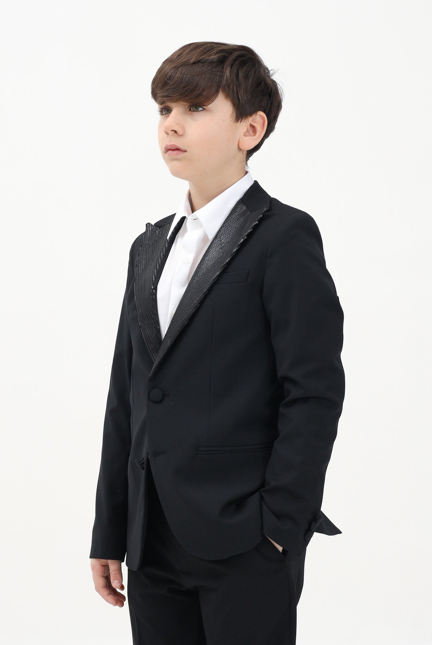 I'M BRIAN Giacca monopetto nera da bambino con rever a lancia rivestito da paillettes GIA3225J 009 I'M BRIAN