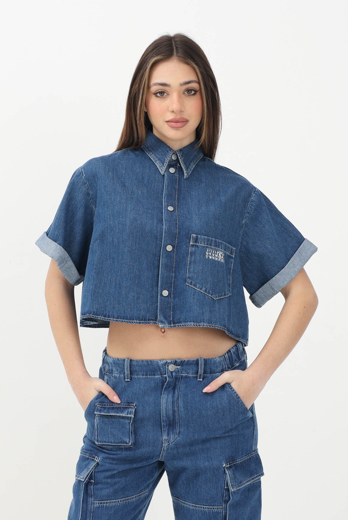 MAISON MARGIELA Camicia in denim azzurro per donna, ragazze e bambine con maniche corte e risvolto M60763MM04S M601 MAISON MARGIELA