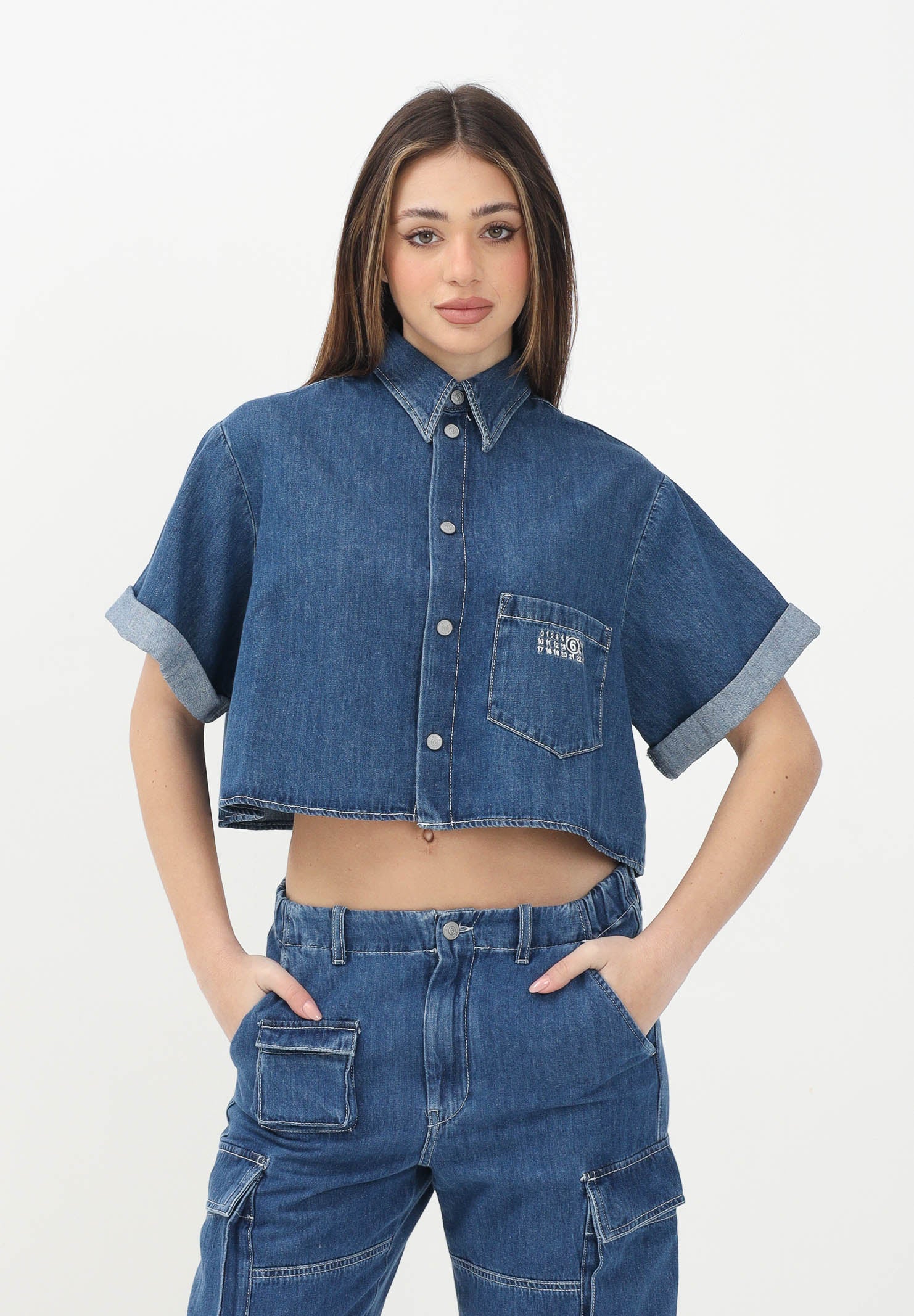MAISON MARGIELA Camicia in denim azzurro per donna, ragazze e bambine con maniche corte e risvolto M60763MM04S M601 MAISON MARGIELA