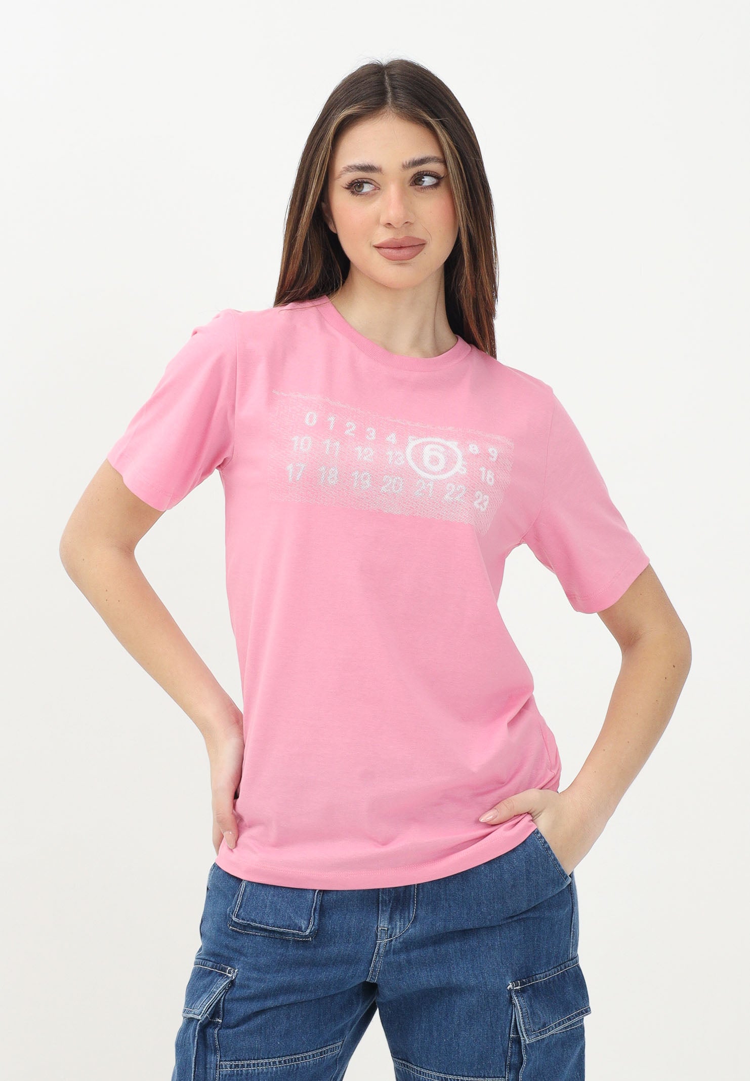MAISON MARGIELA T-shirt a manica corta rosa per donna, ragazze e bambina con "Stamp Numbers" M60803MM02Y M6308 MAISON MARGIELA