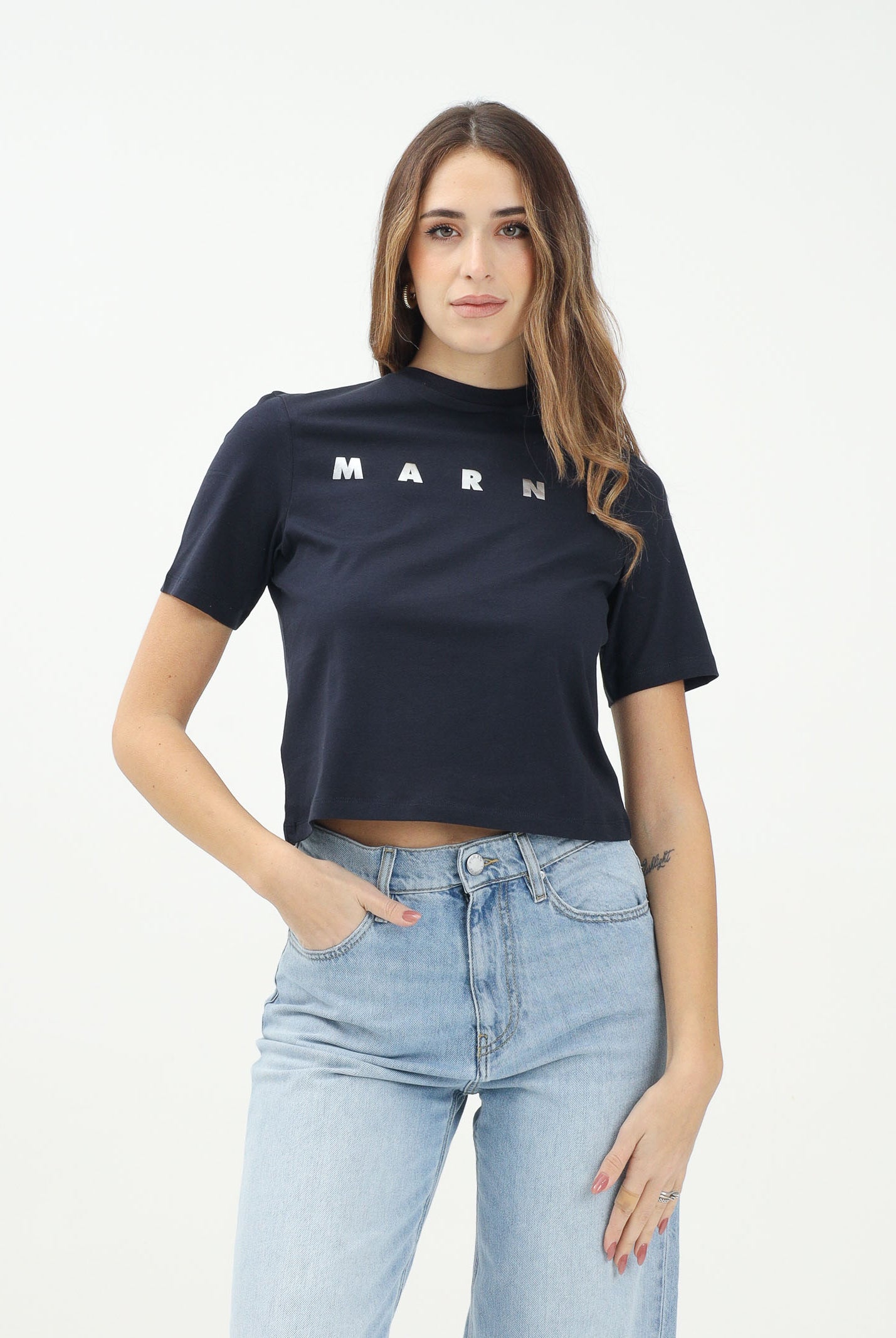 MARNI T-shirt a manica corta blu per donna e bambina con stampa logo M01317M00HZ 0M803 MARNI