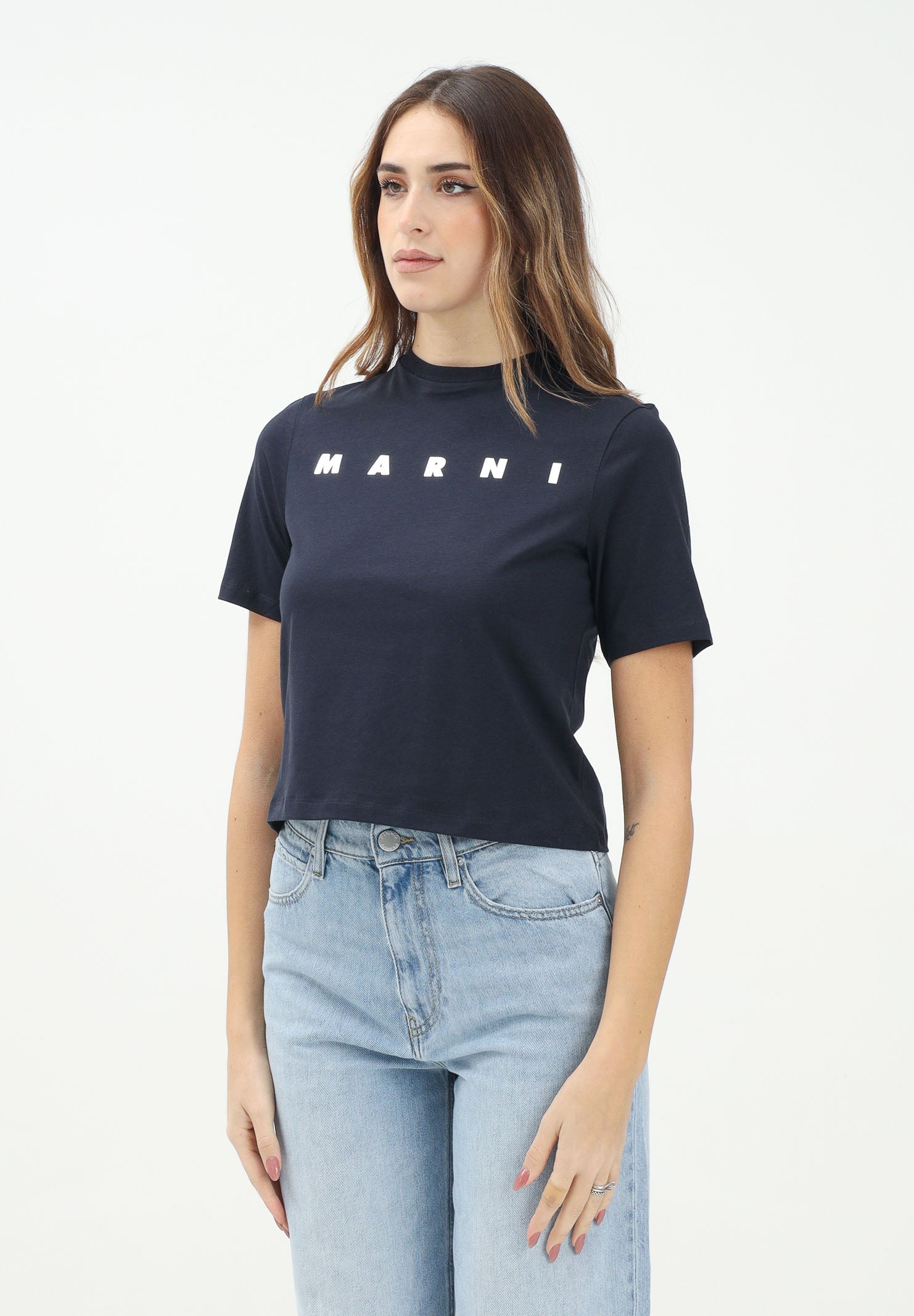 MARNI T-shirt a manica corta blu per donna e bambina con stampa logo M01317M00HZ 0M803 MARNI