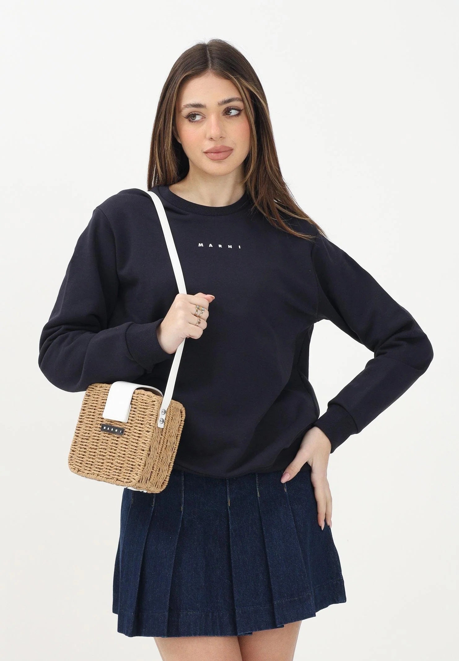 MARNI Felpa girocollo blu navy per donna, ragazzi e bambini con logo "MARNI" M01408M00V0 0M803 MARNI
