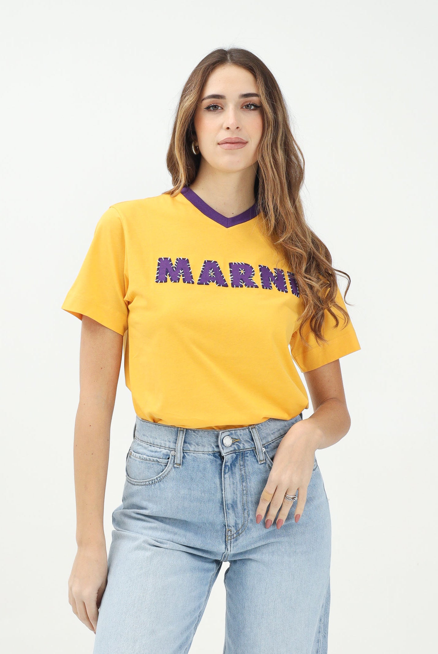 MARNI T-shirt a manica corta gialla per donna, ragazzi e bambini con logo a contrasto M01412M00HZ 0M219 MARNI