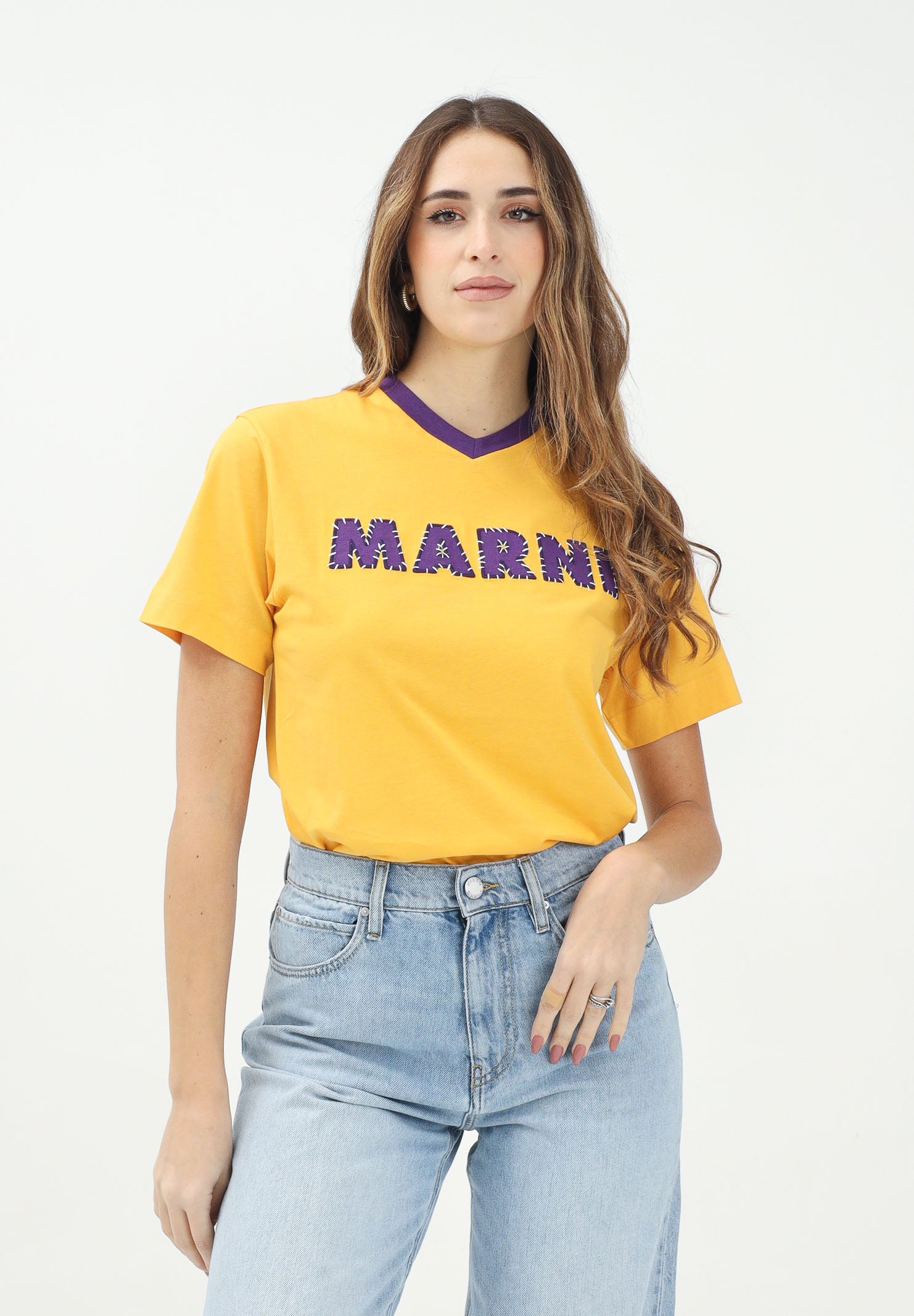 MARNI T-shirt a manica corta gialla per donna, ragazzi e bambini con logo a contrasto M01412M00HZ 0M219 MARNI