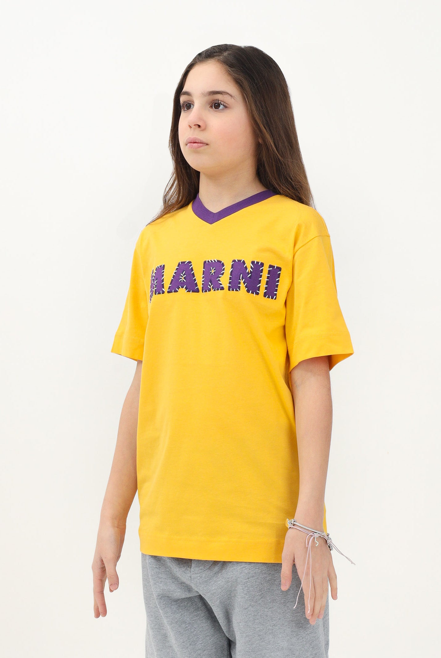 MARNI T-shirt a manica corta gialla per donna, ragazzi e bambini con logo a contrasto M01412M00HZ 0M219 MARNI