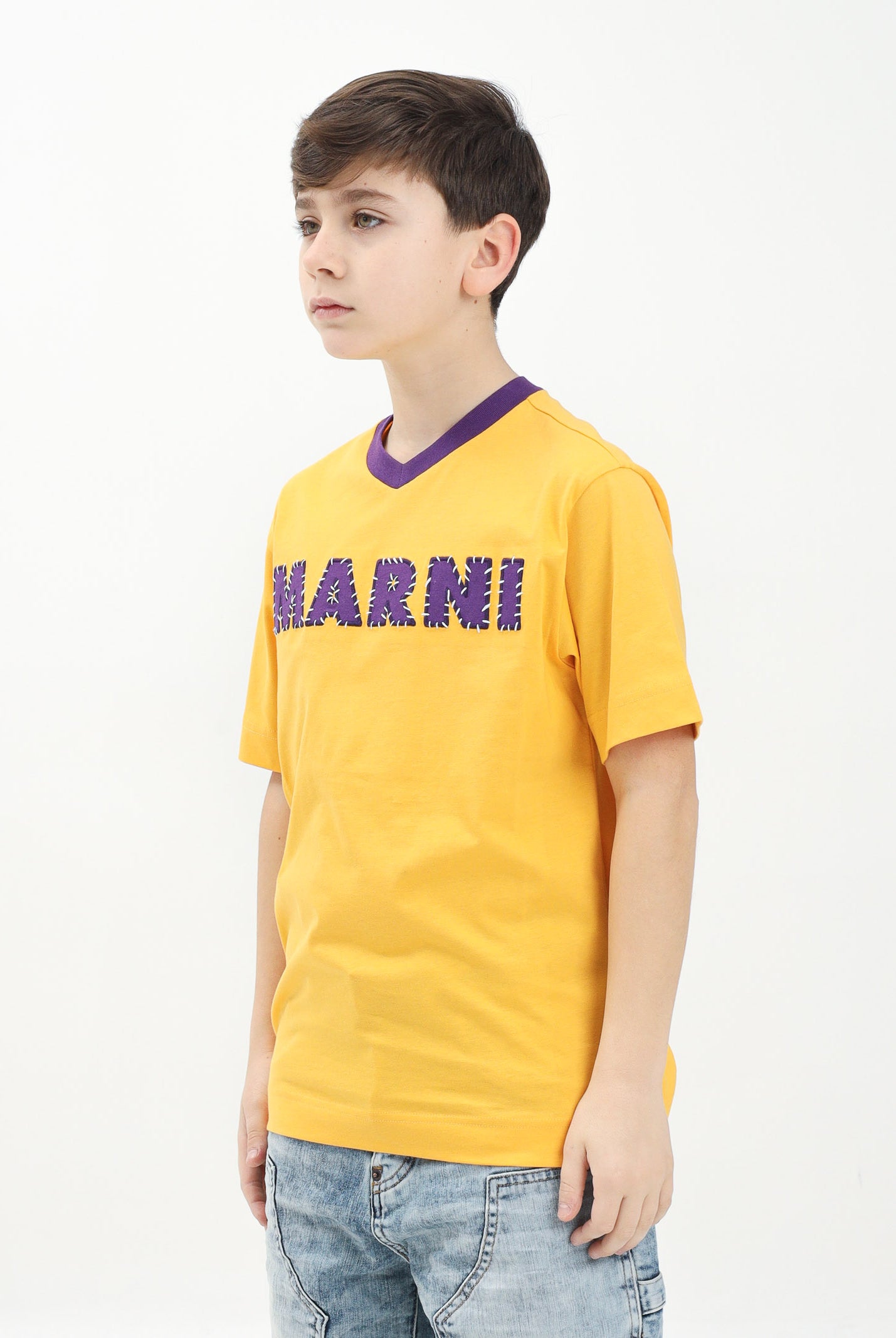 MARNI T-shirt a manica corta gialla per donna, ragazzi e bambini con logo a contrasto M01412M00HZ 0M219 MARNI