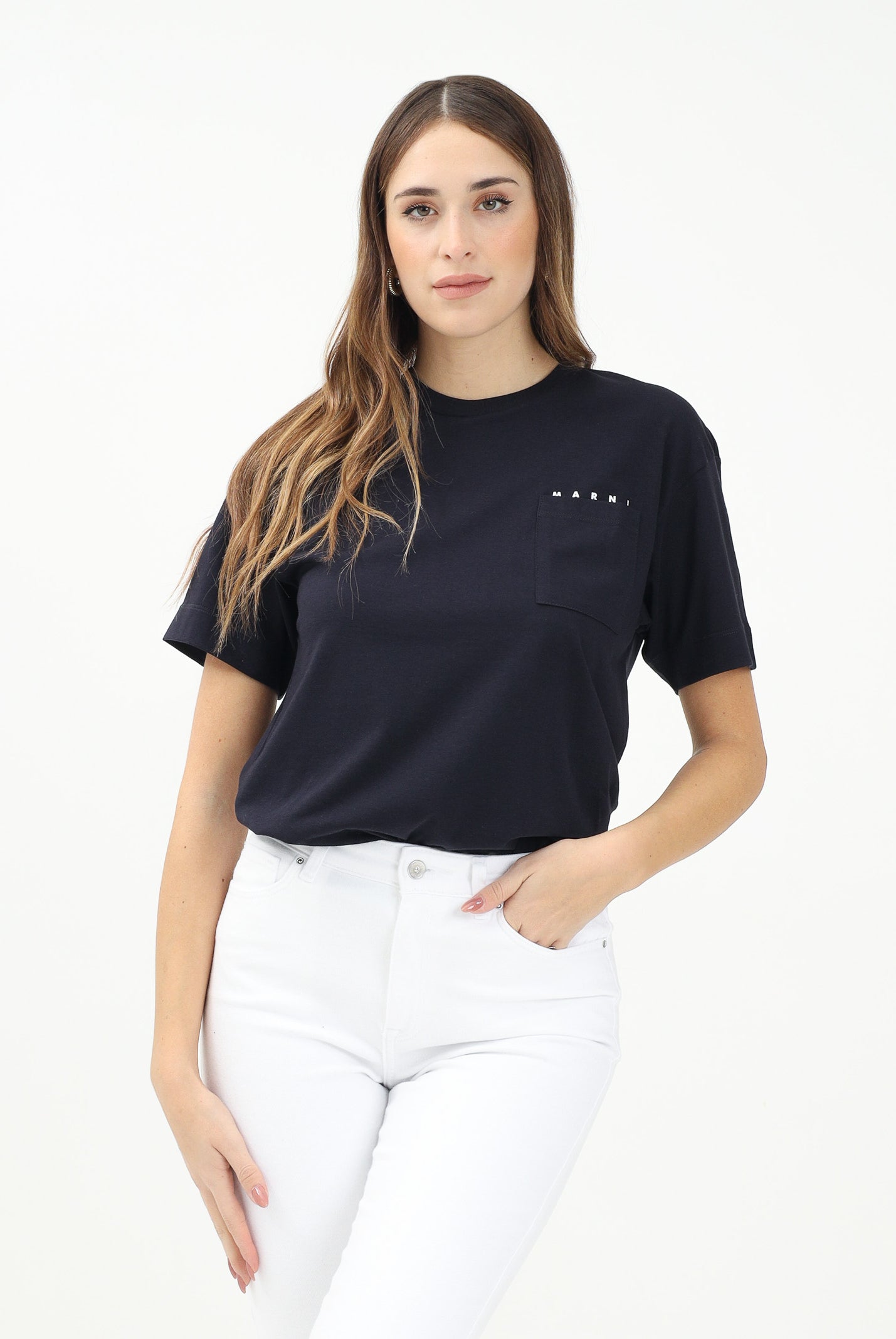 MARNI T-shirt a manica corta blu per donna, ragazzi e bamini con taschino e logo M01415M00RF 0M803 MARNI