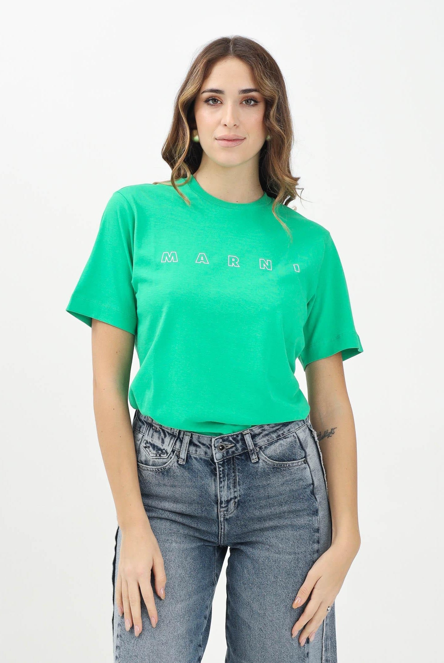 MARNI T-shirt a manica corta verde per donna, ragazzi e bambine con logo Marni Outline M01466M00RF 0M541 MARNI
