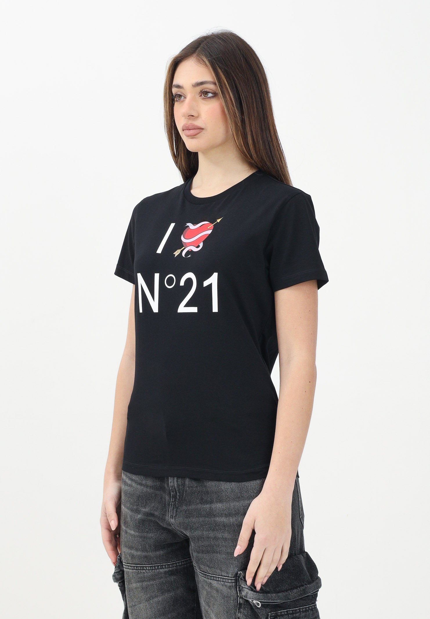 N21 T-shirt a manica corta nera per donna, ragazze e bambine con grafica I love N21 N2102CN0153 0N900 N21