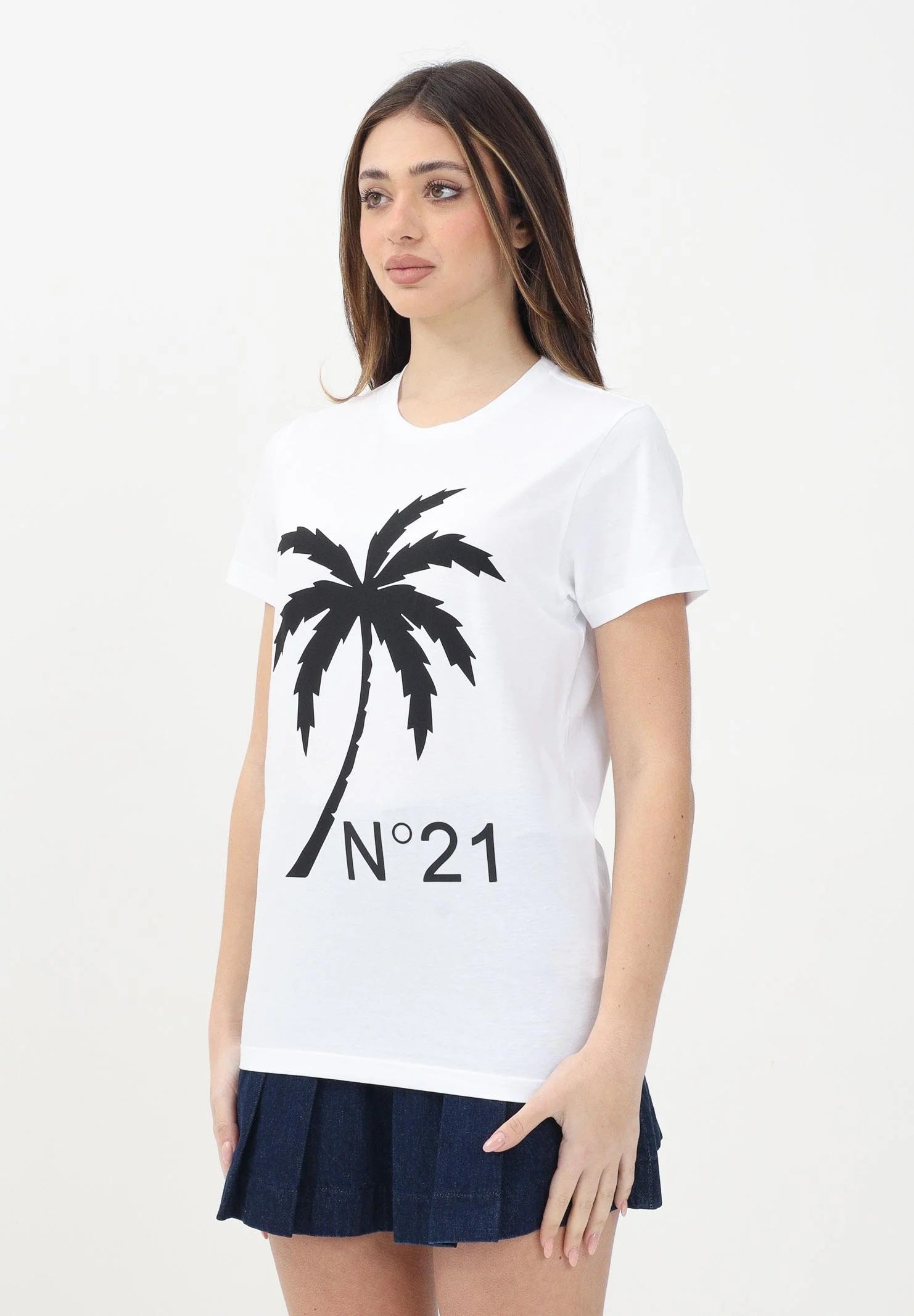 N21 T-shirt a manica corta bianca per donna, ragazzi e bambini con grafica palm tree e logo N2104GN0080 0N100 N21