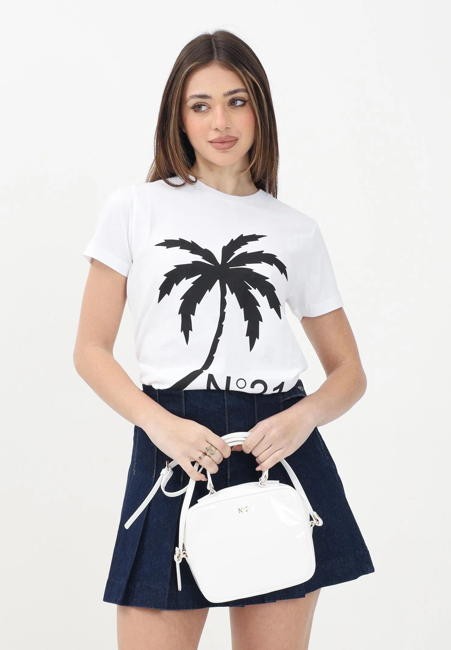 N21 T-shirt a manica corta bianca per donna, ragazzi e bambini con grafica palm tree e logo N2104GN0080 0N100 N21