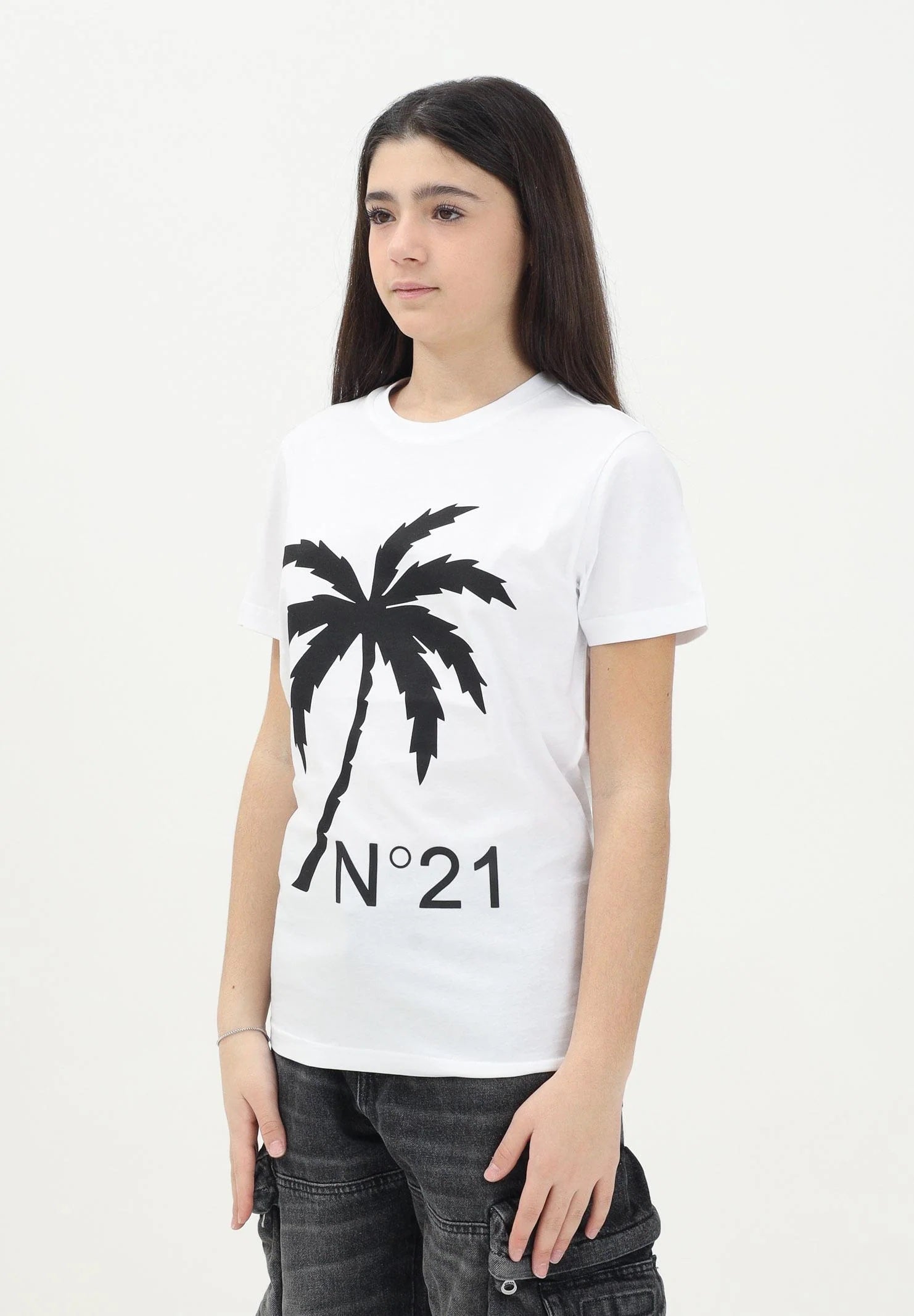 N21 T-shirt a manica corta bianca per donna, ragazzi e bambini con grafica palm tree e logo N2104GN0080 0N100 N21