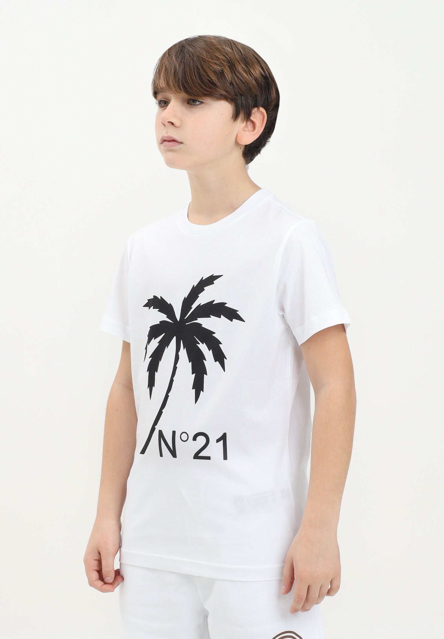N21 T-shirt a manica corta bianca per donna, ragazzi e bambini con grafica palm tree e logo N2104GN0080 0N100 N21