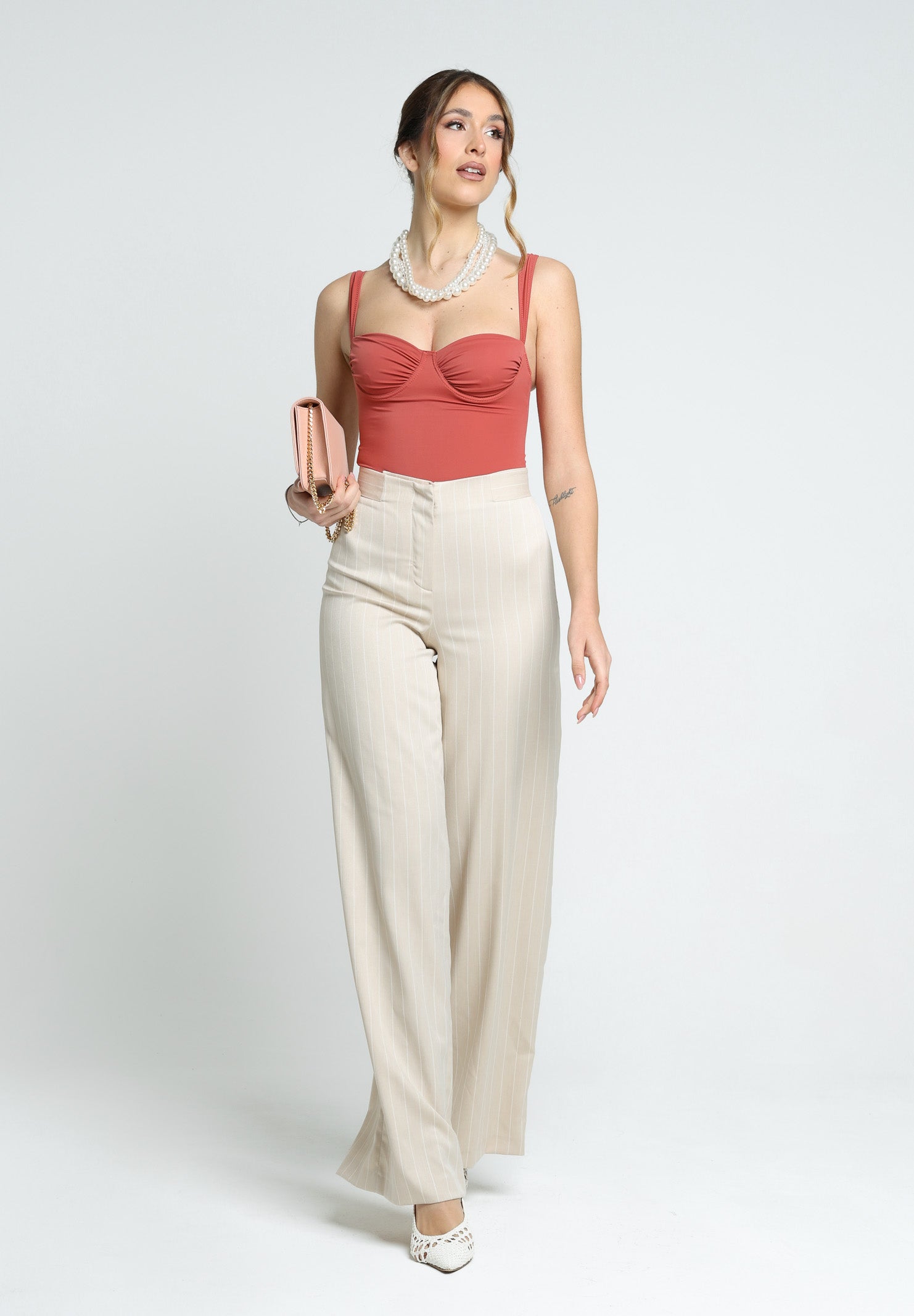 SANTAS Pantalone APPLE PIE beige da donna con motivo gessato PV25018 BEIGE SANTAS