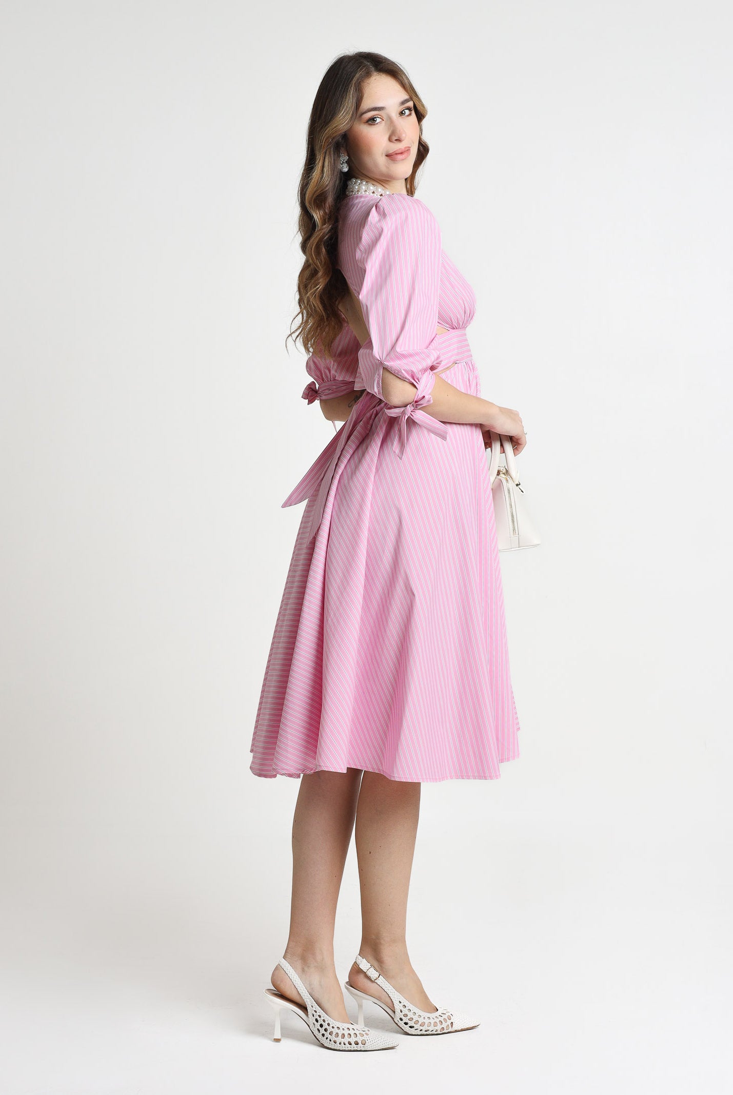SANTAS Abito midi TIRAMISU' rosa da donna con stampa a righe PV25023 ROSA SANTAS