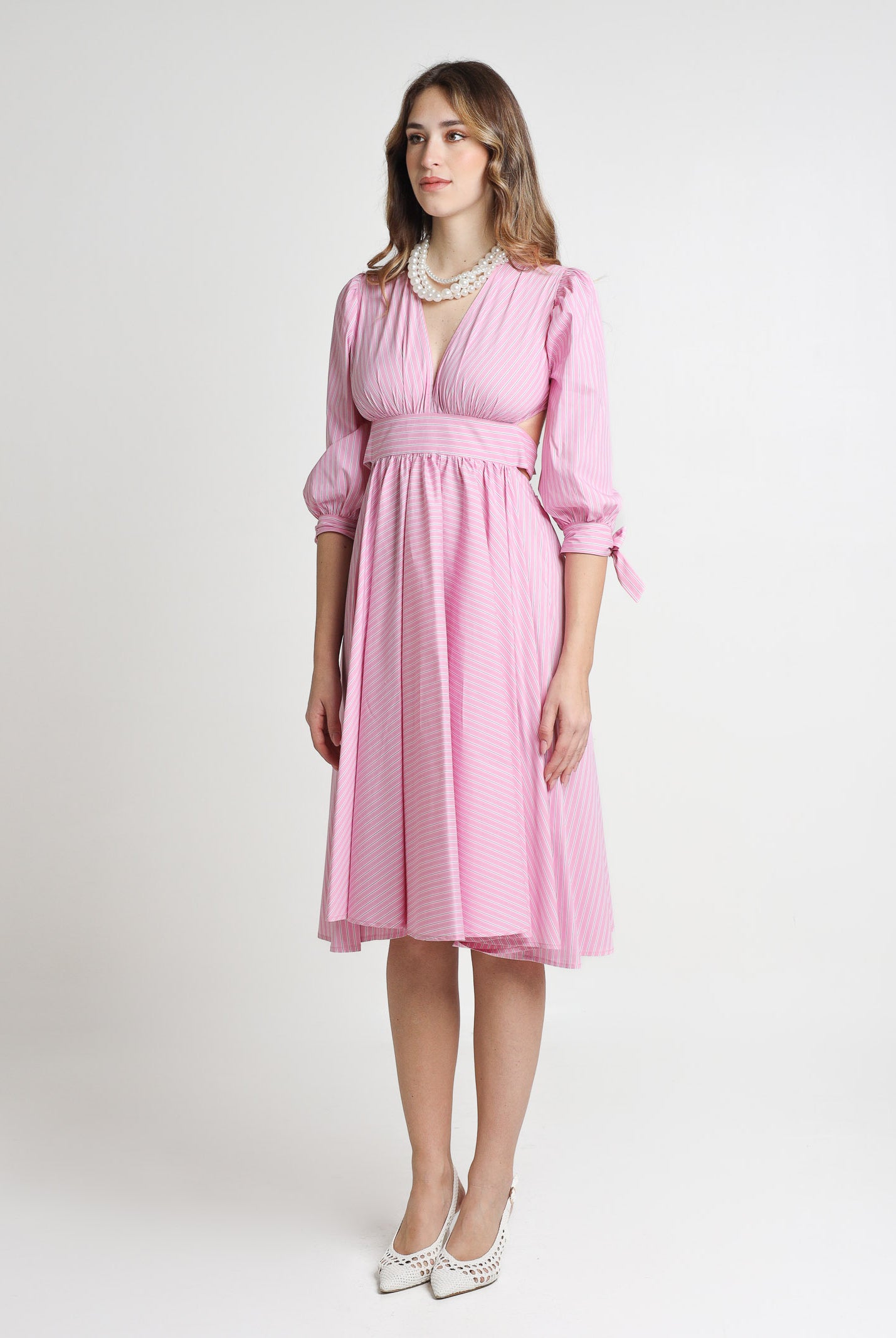 SANTAS Abito midi TIRAMISU' rosa da donna con stampa a righe PV25023 ROSA SANTAS