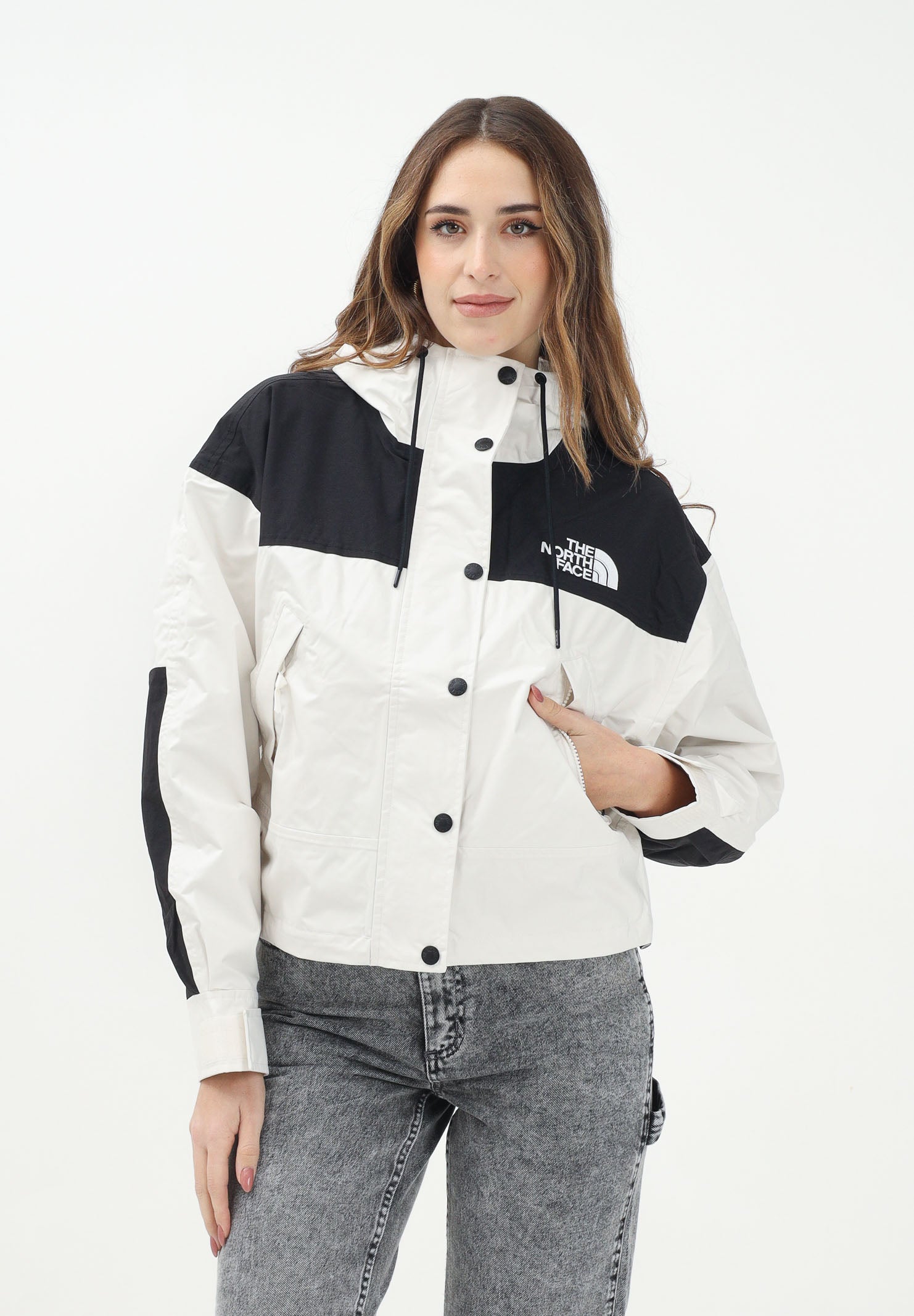THE NORTH FACE Giacca a vento Mountain Mono nera e panna da donna NF0A8BCHROU1 . THE NORTH FACE