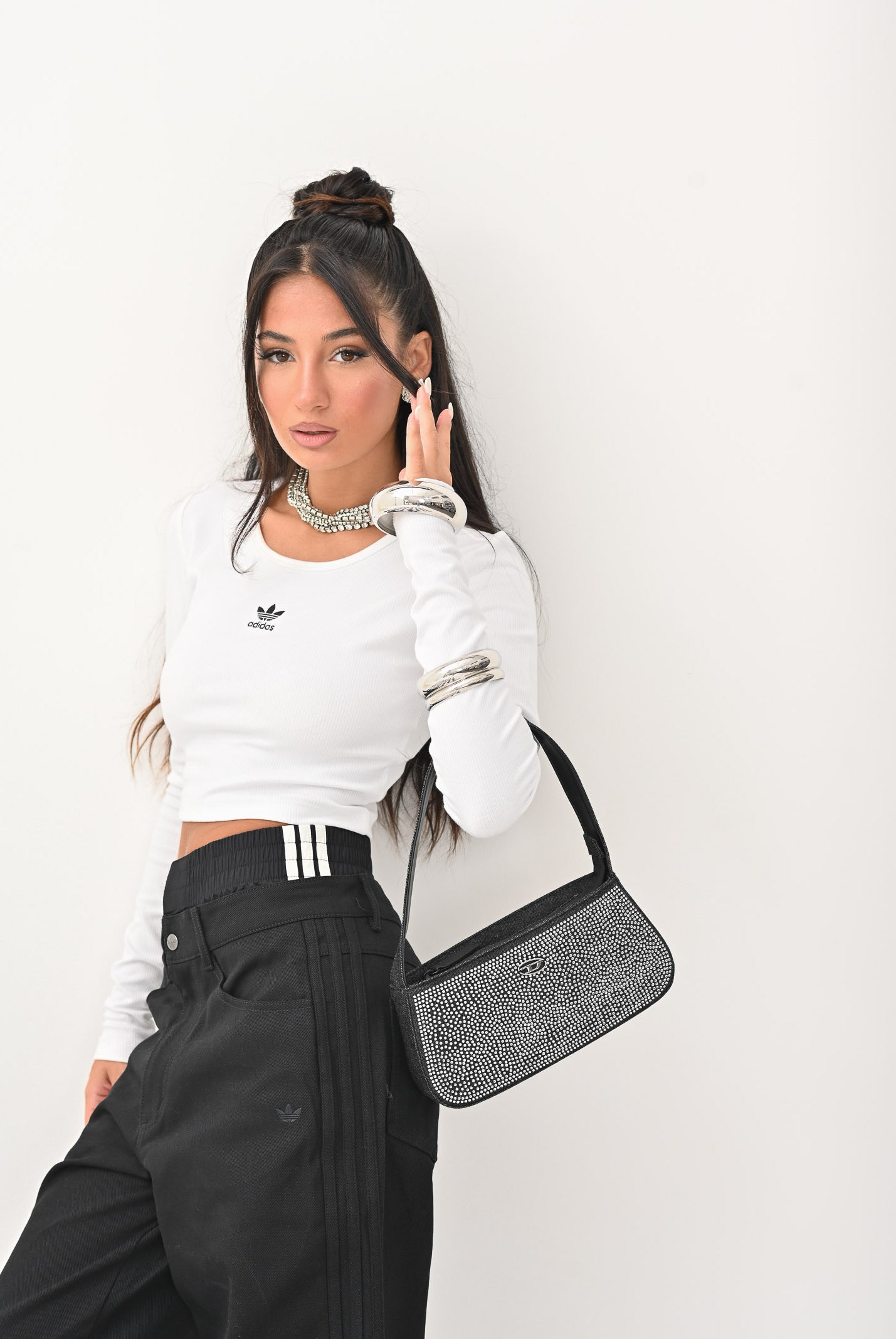 ADIDAS ORIGINALS Top a manica lunga Essentials Ribbed Crop bianca da donna JC9011 . ADIDAS ORIGINALS