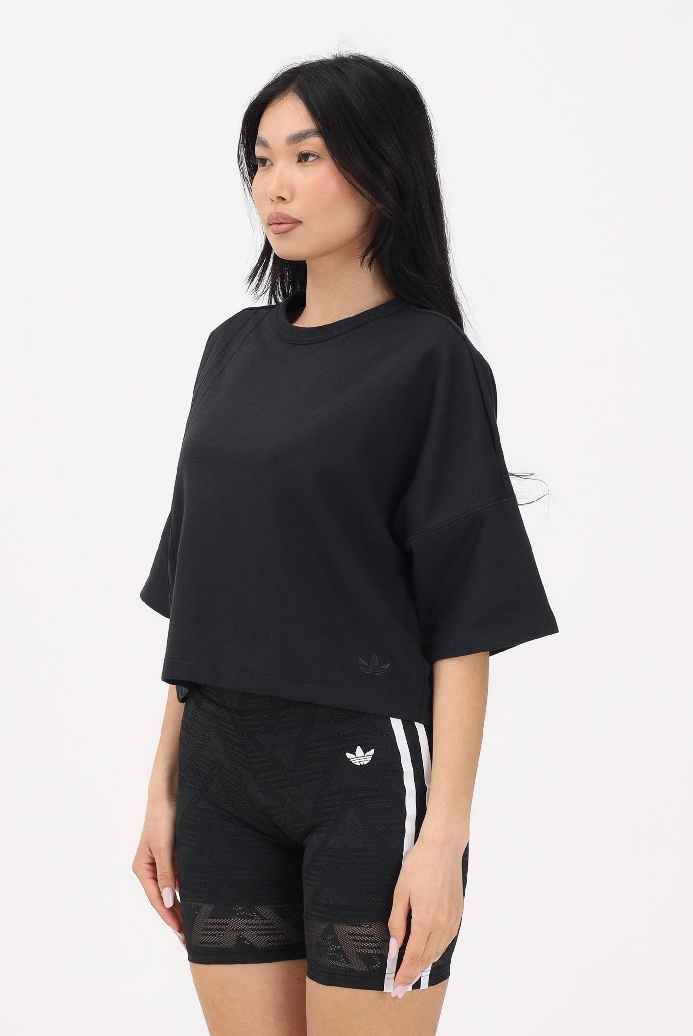 ADIDAS ORIGINALS T-shirt a manica corta Off Placed 3-Stripes nera da donna JX2707 . ADIDAS ORIGINALS