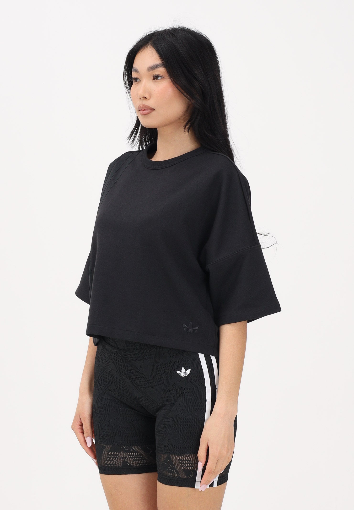 ADIDAS ORIGINALS T-shirt a manica corta Off Placed 3-Stripes nera da donna JX2707 . ADIDAS ORIGINALS
