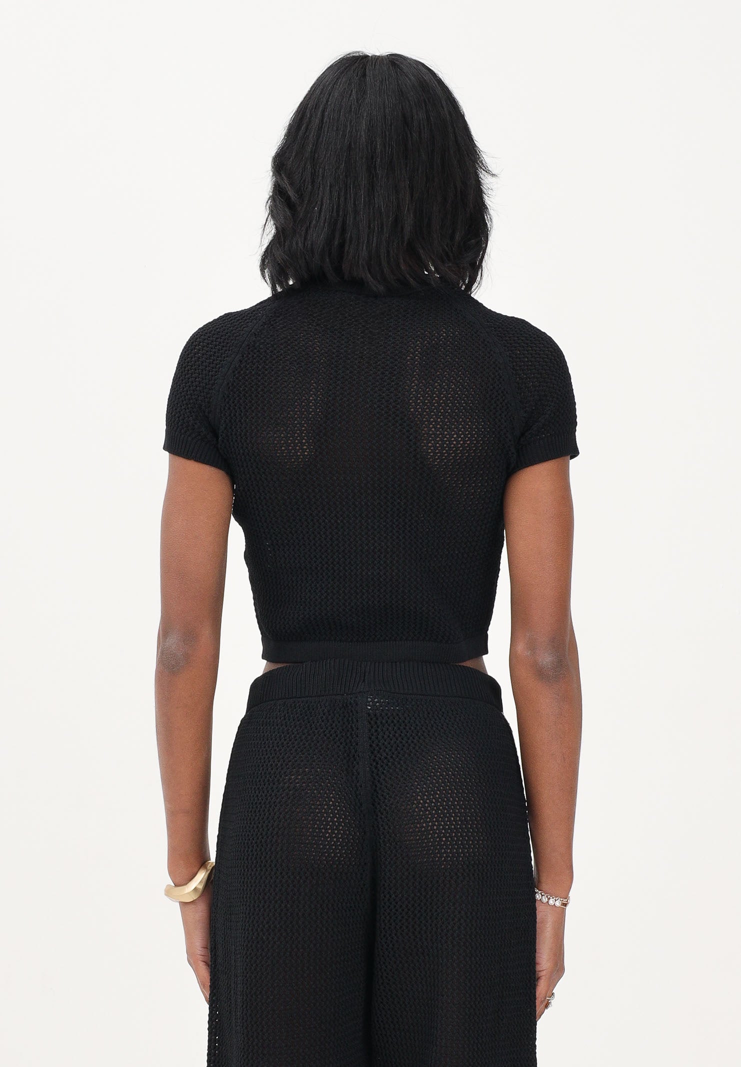 ADIDAS ORIGINALS Maglia a manica corta KNITTED CROCHET CALI nera da donna KC6481 . ADIDAS ORIGINALS