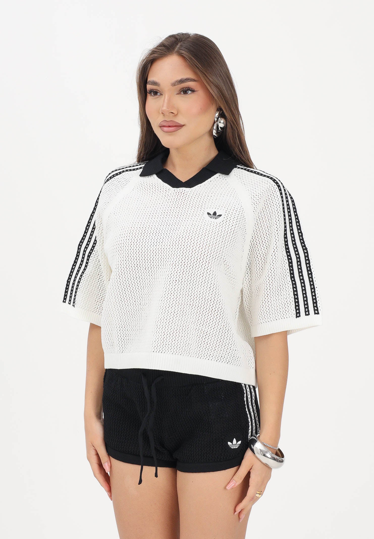 ADIDAS ORIGINALS Polo a manica corta KNITTED CROCHET bianca da donna KC6490 . ADIDAS ORIGINALS