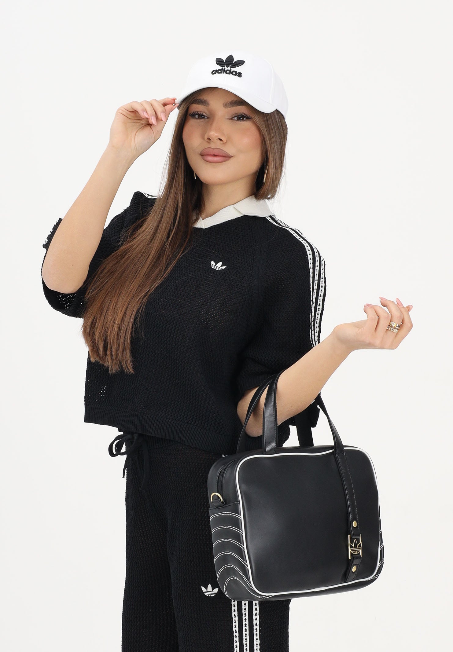 ADIDAS ORIGINALS Polo a manica corta KNITTED CROCHET nera da donna KC6491 . ADIDAS ORIGINALS
