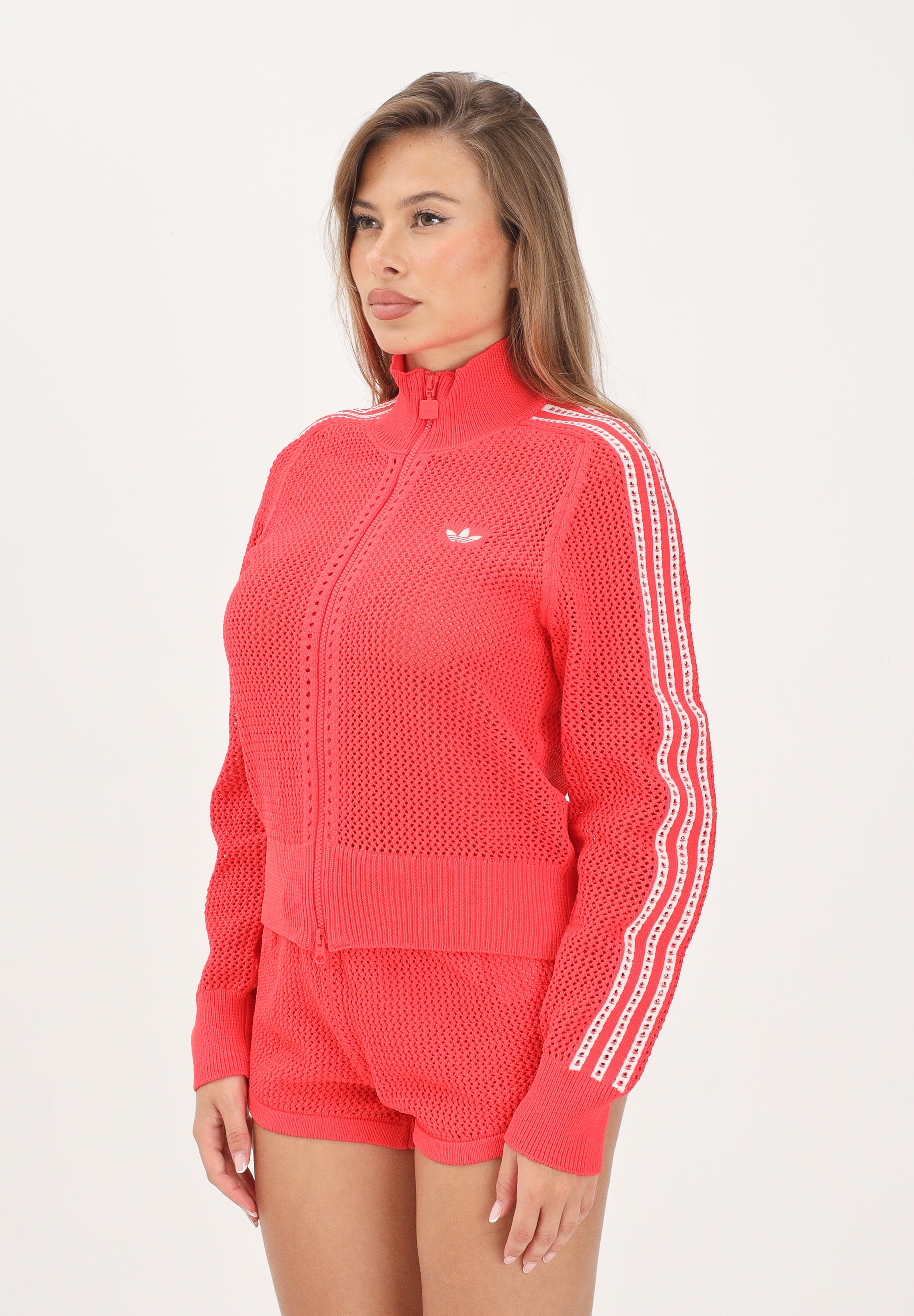 ADIDAS ORIGINALS felpa con zip Knitted Crochet Firebird Track Top Semi Lucid Red rosso donna. KC6495 . ADIDAS ORIGINALS