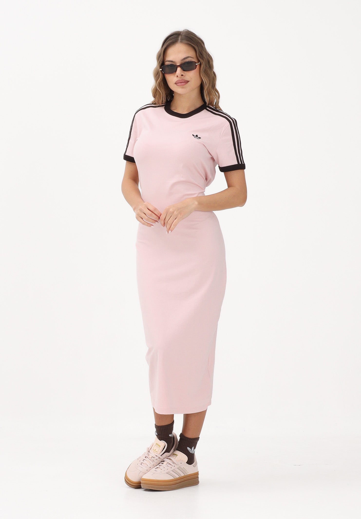 ADIDAS ORIGINALS Abito midi Slim 3-Stripes rosa e marrone da donna KC9014 . ADIDAS ORIGINALS