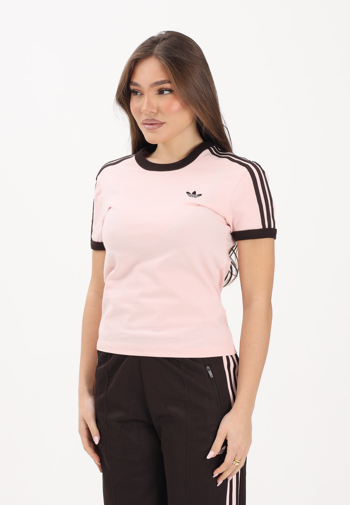 ADIDAS ORIGINALS T-shirt a manica corta 3 STRIPES SLIM rosa e marrone da donna KC9016 . ADIDAS ORIGINALS