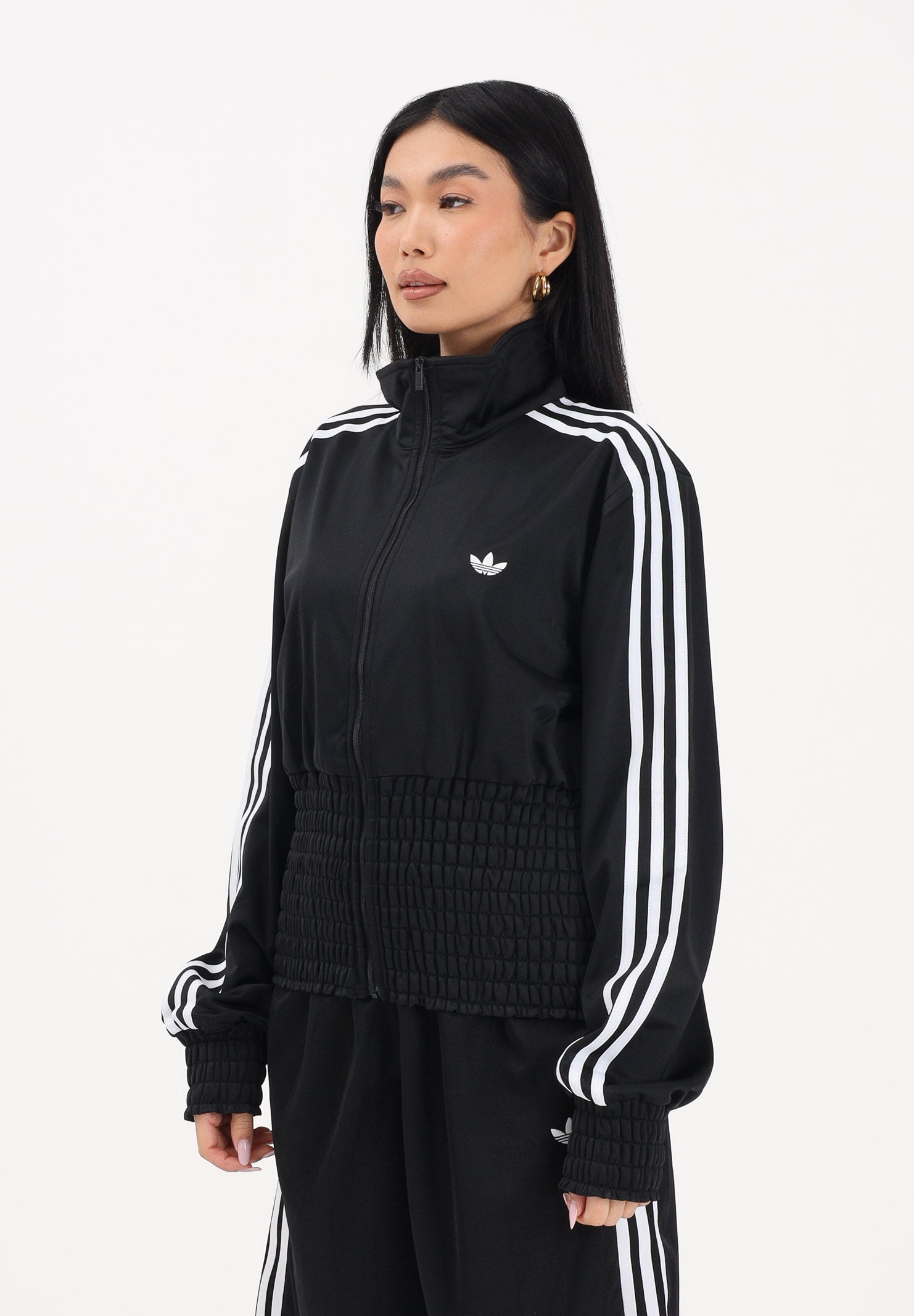ADIDAS ORIGINALS Felpa con zip Smocked Firebird nera da donna KD0303 . ADIDAS ORIGINALS